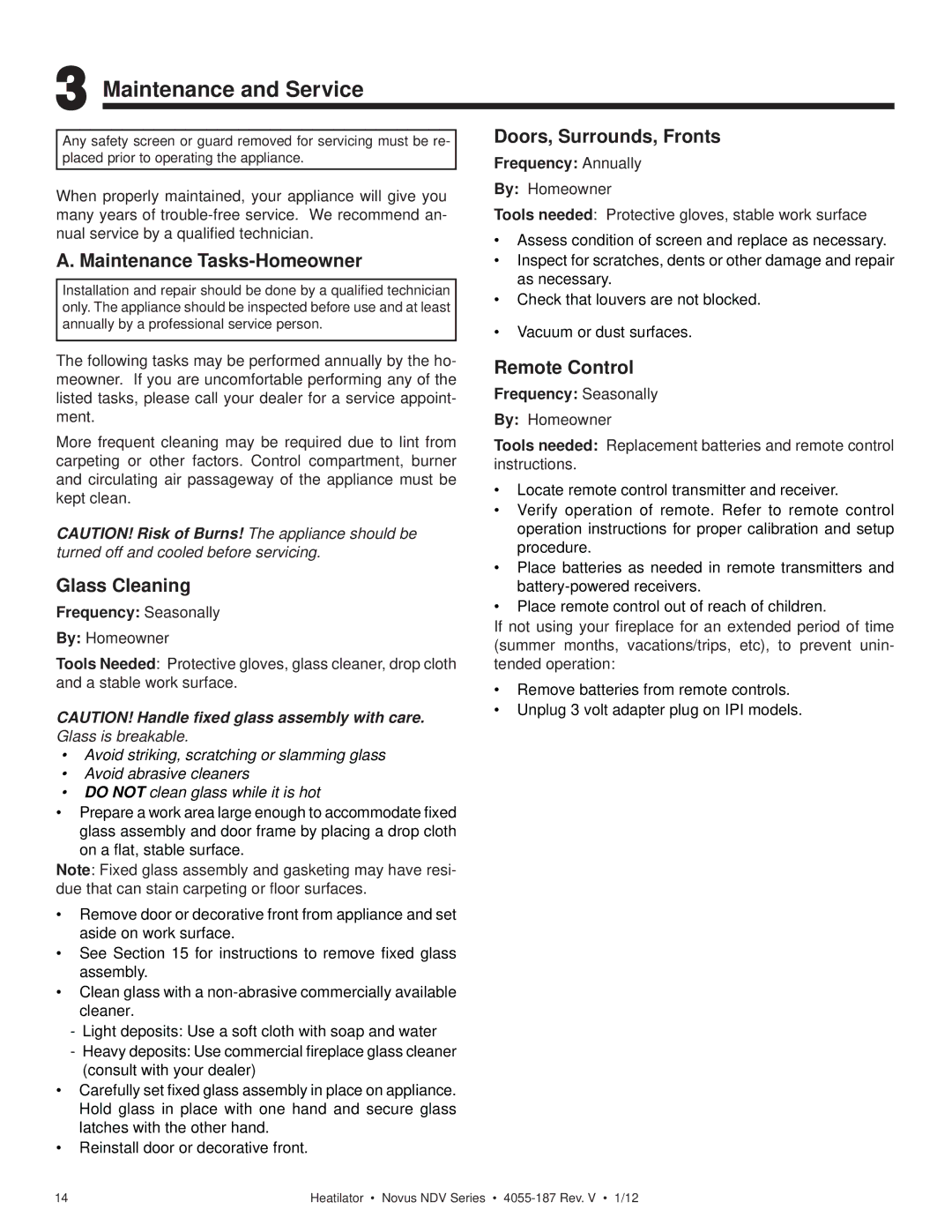 Hearth and Home Technologies 4055-187 Maintenance and Service, Maintenance Tasks-Homeowner, Glass Cleaning, Remote Control 