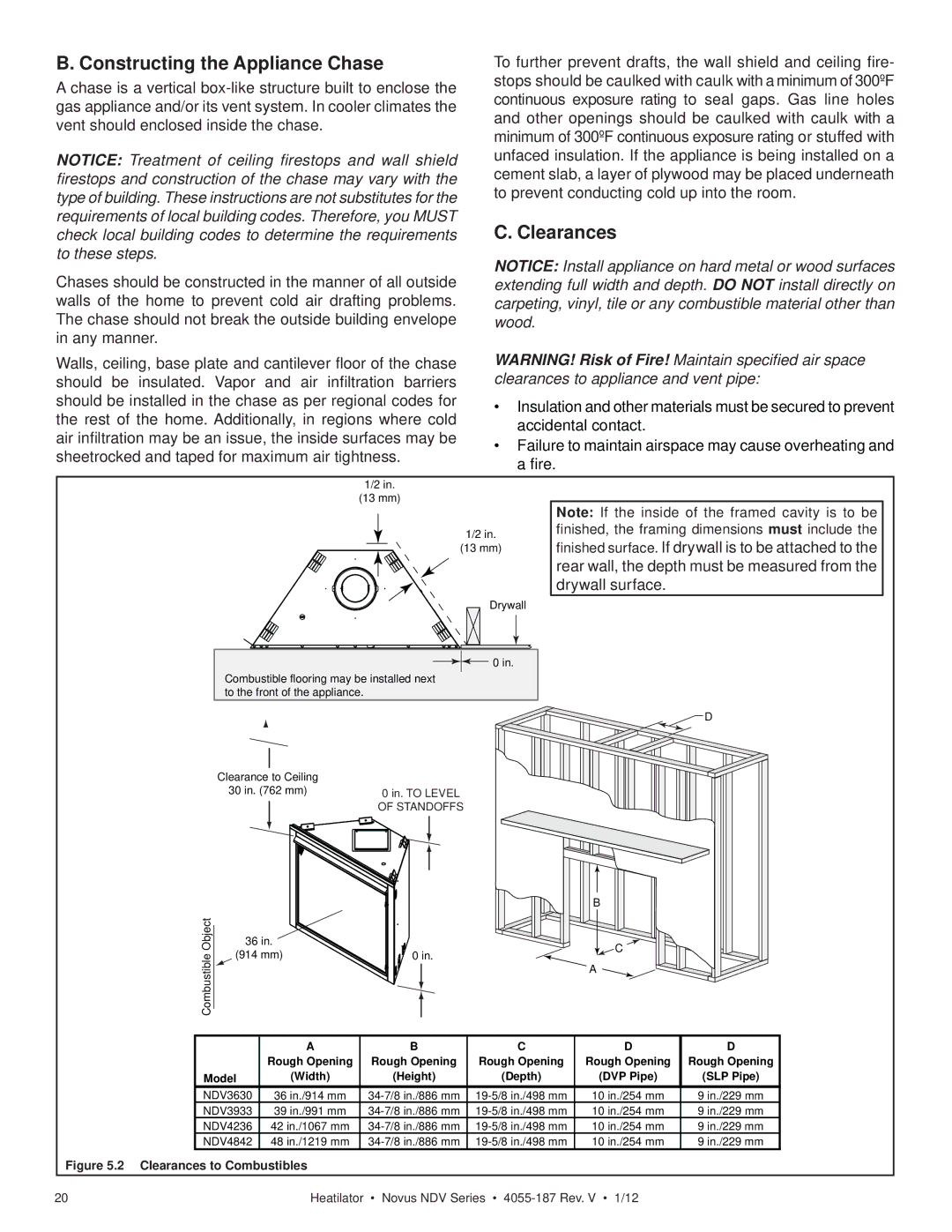 Hearth and Home Technologies 4055-187 owner manual Constructing the Appliance Chase, Clearances 