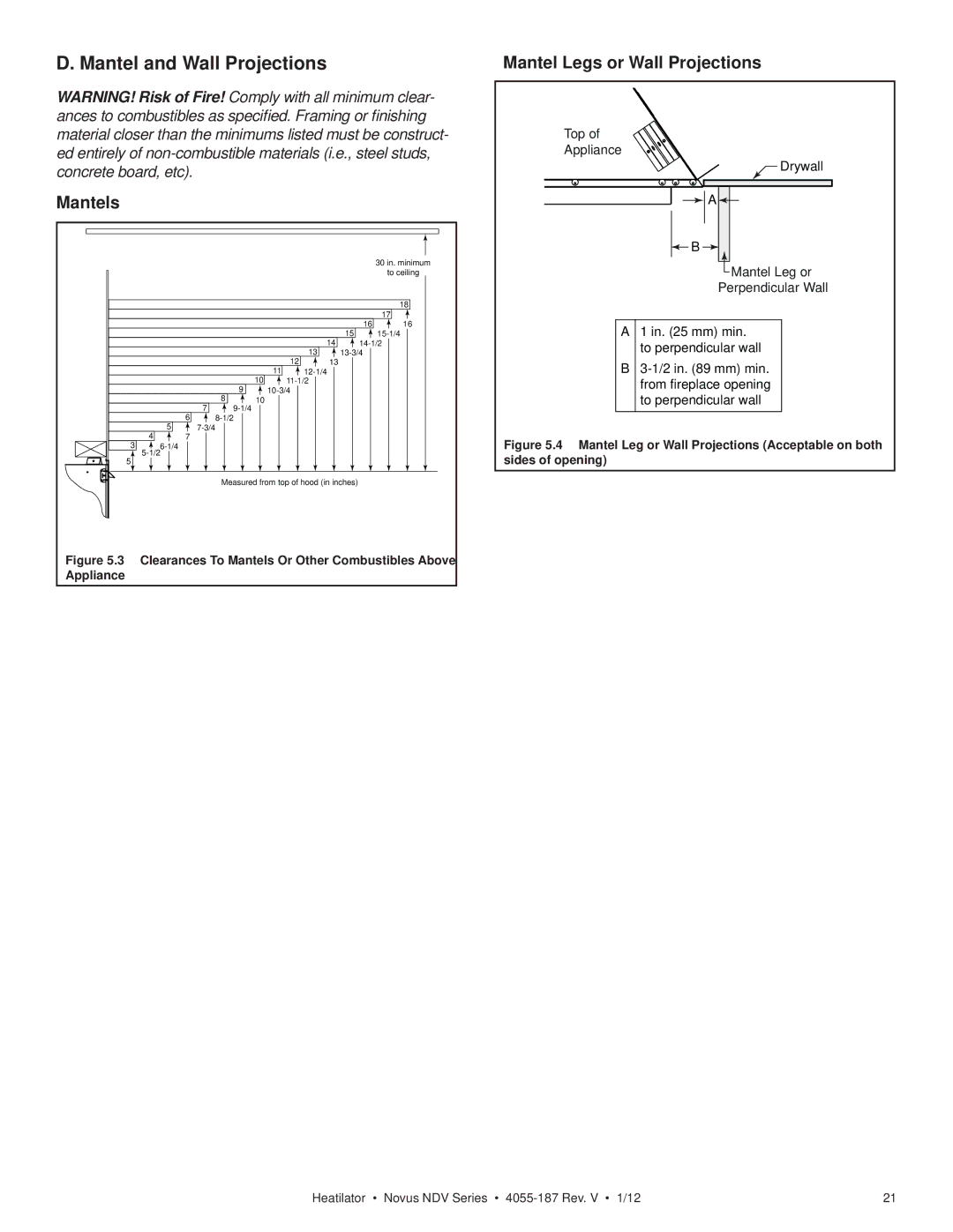 Hearth and Home Technologies 4055-187 owner manual Mantel and Wall Projections, Mantel Legs or Wall Projections 