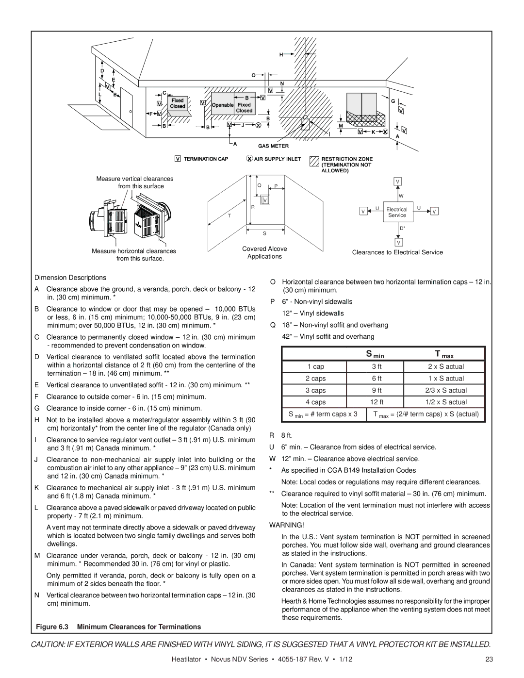 Hearth and Home Technologies 4055-187 owner manual Minimum Clearances for Terminations 