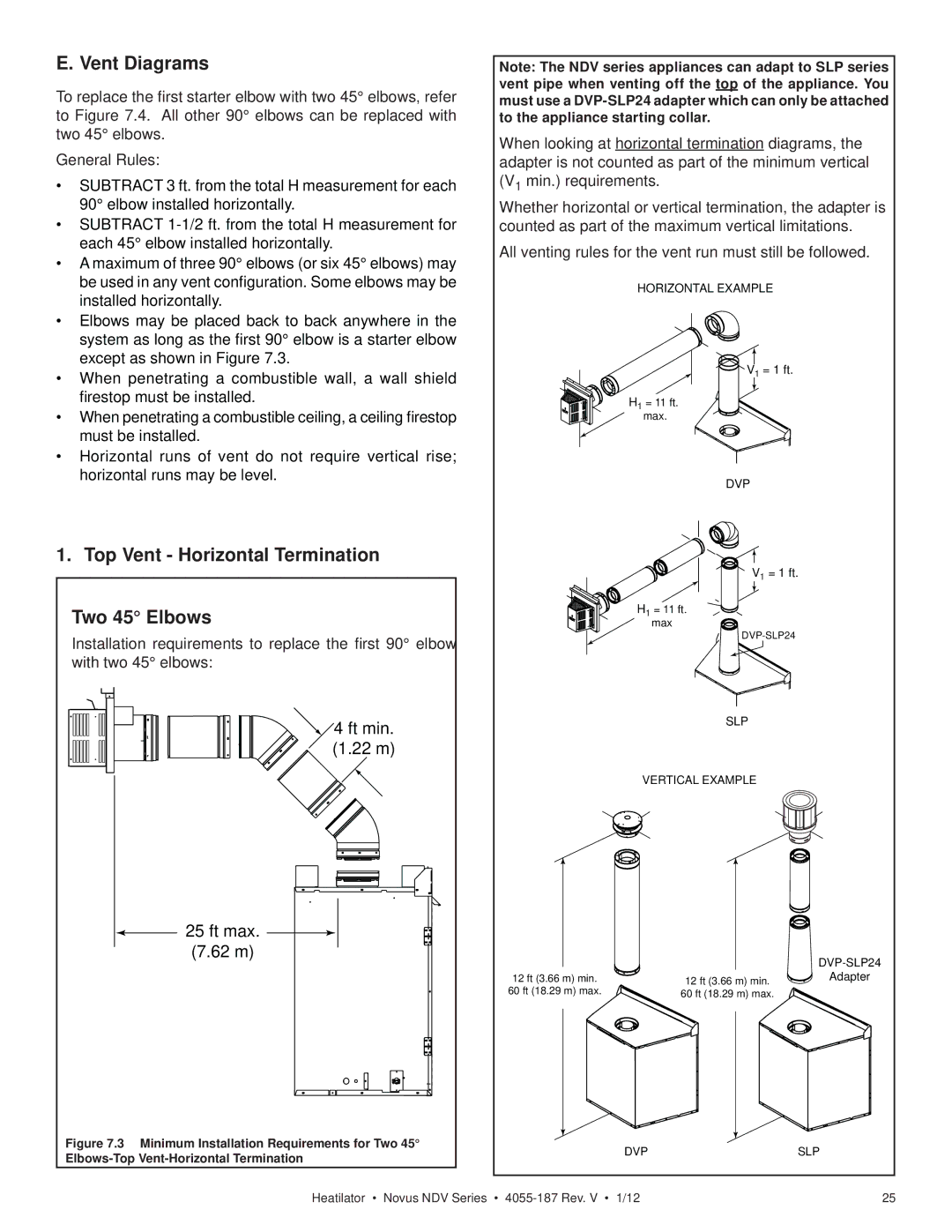 Hearth and Home Technologies 4055-187 owner manual Vent Diagrams, Top Vent Horizontal Termination Two 45 Elbows 