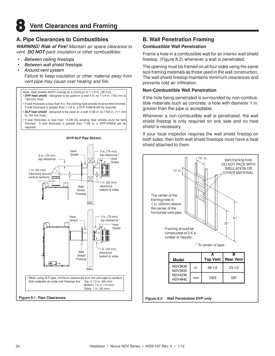 Hearth and Home Technologies 4055-187 owner manual Vent Clearances and Framing, Pipe Clearances to Combustibles 