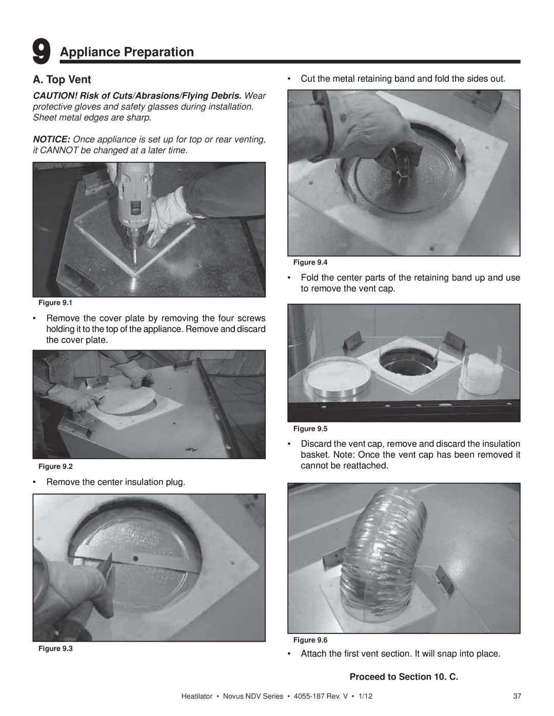 Hearth and Home Technologies 4055-187 owner manual Appliance Preparation, Top Vent 