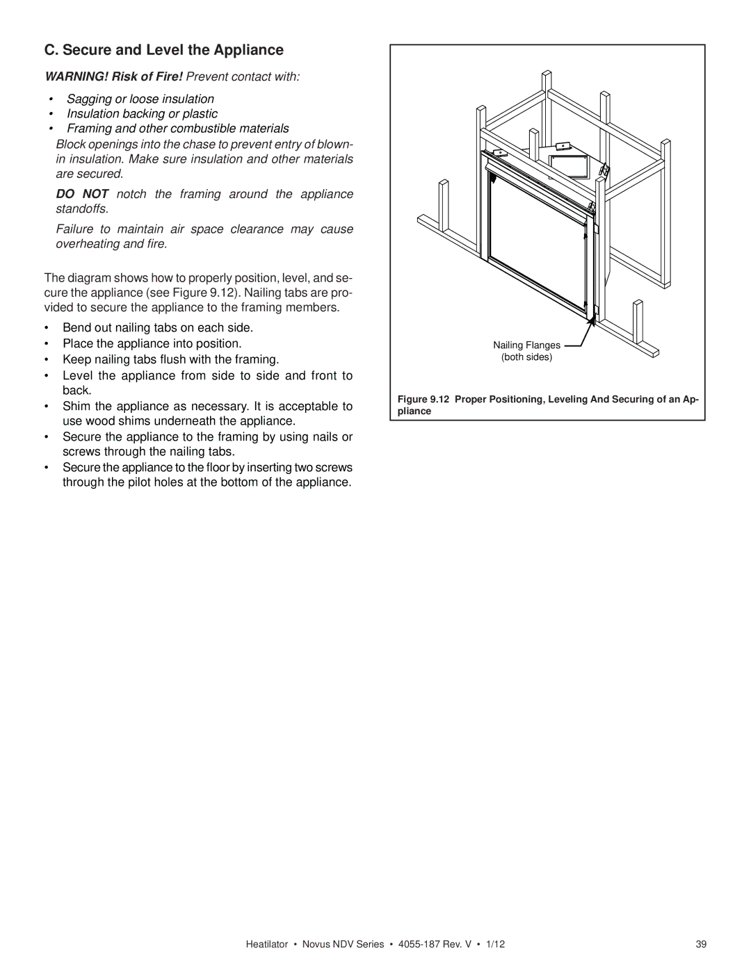 Hearth and Home Technologies 4055-187 owner manual Secure and Level the Appliance 