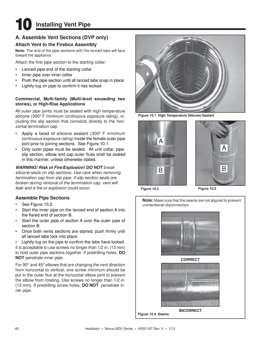 Hearth and Home Technologies 4055-187 owner manual Installing Vent Pipe, Assemble Vent Sections DVP only 