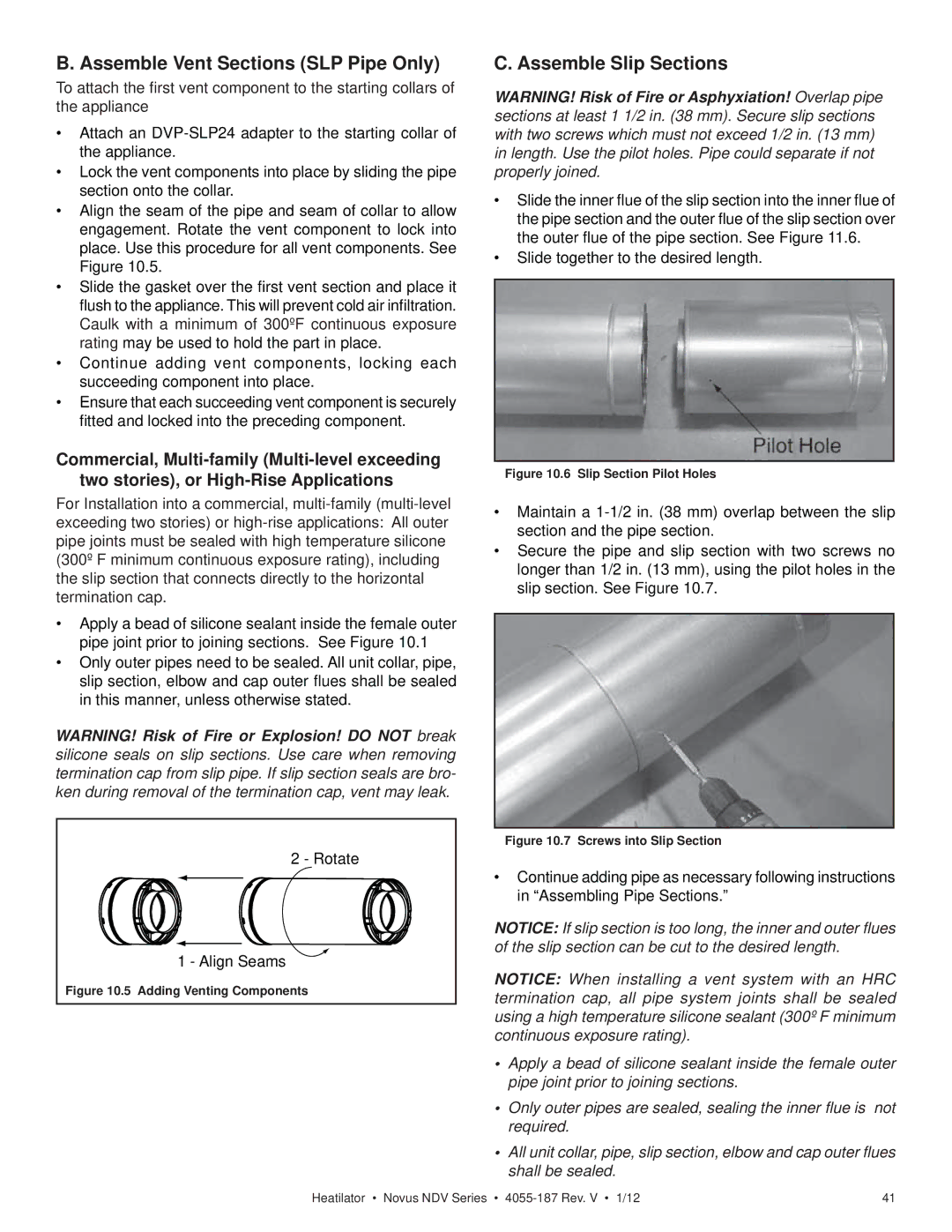 Hearth and Home Technologies 4055-187 owner manual Assemble Vent Sections SLP Pipe Only, Assemble Slip Sections 