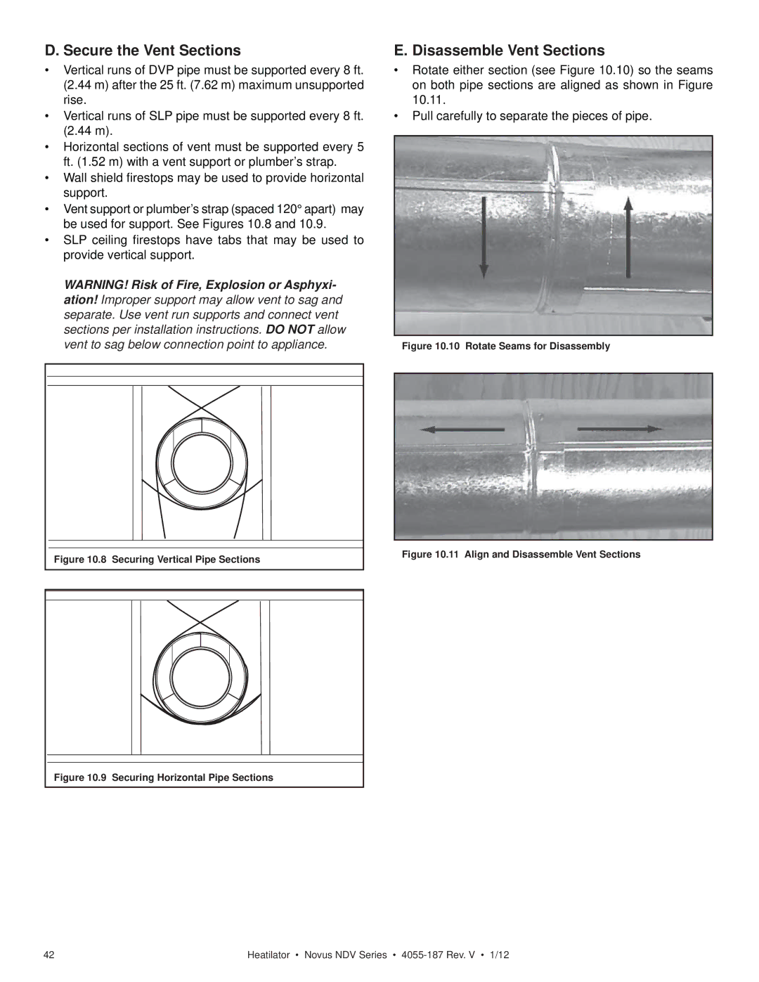 Hearth and Home Technologies 4055-187 owner manual Secure the Vent Sections, Disassemble Vent Sections 