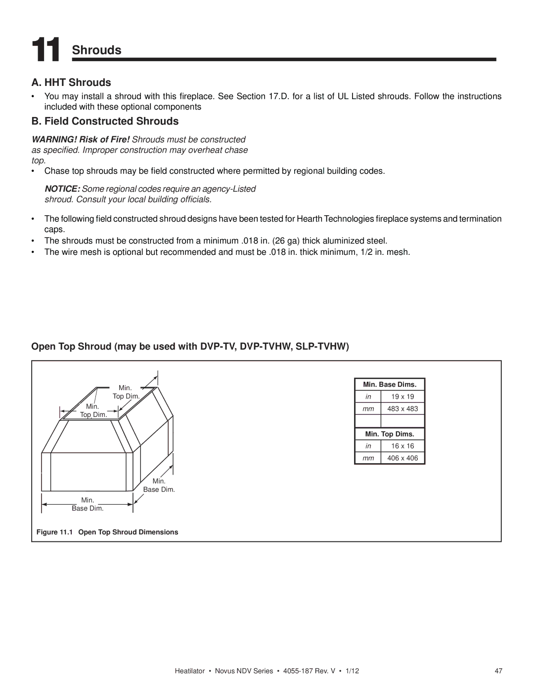 Hearth and Home Technologies 4055-187 owner manual HHT Shrouds, Field Constructed Shrouds 