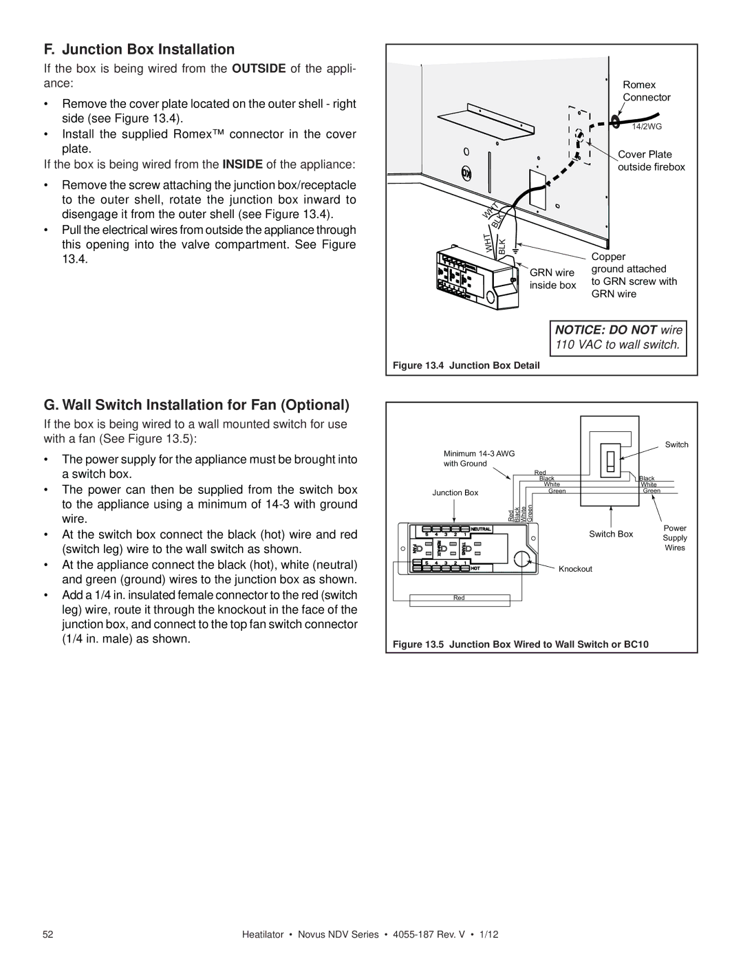 Hearth and Home Technologies 4055-187 owner manual Junction Box Installation, Wall Switch Installation for Fan Optional 