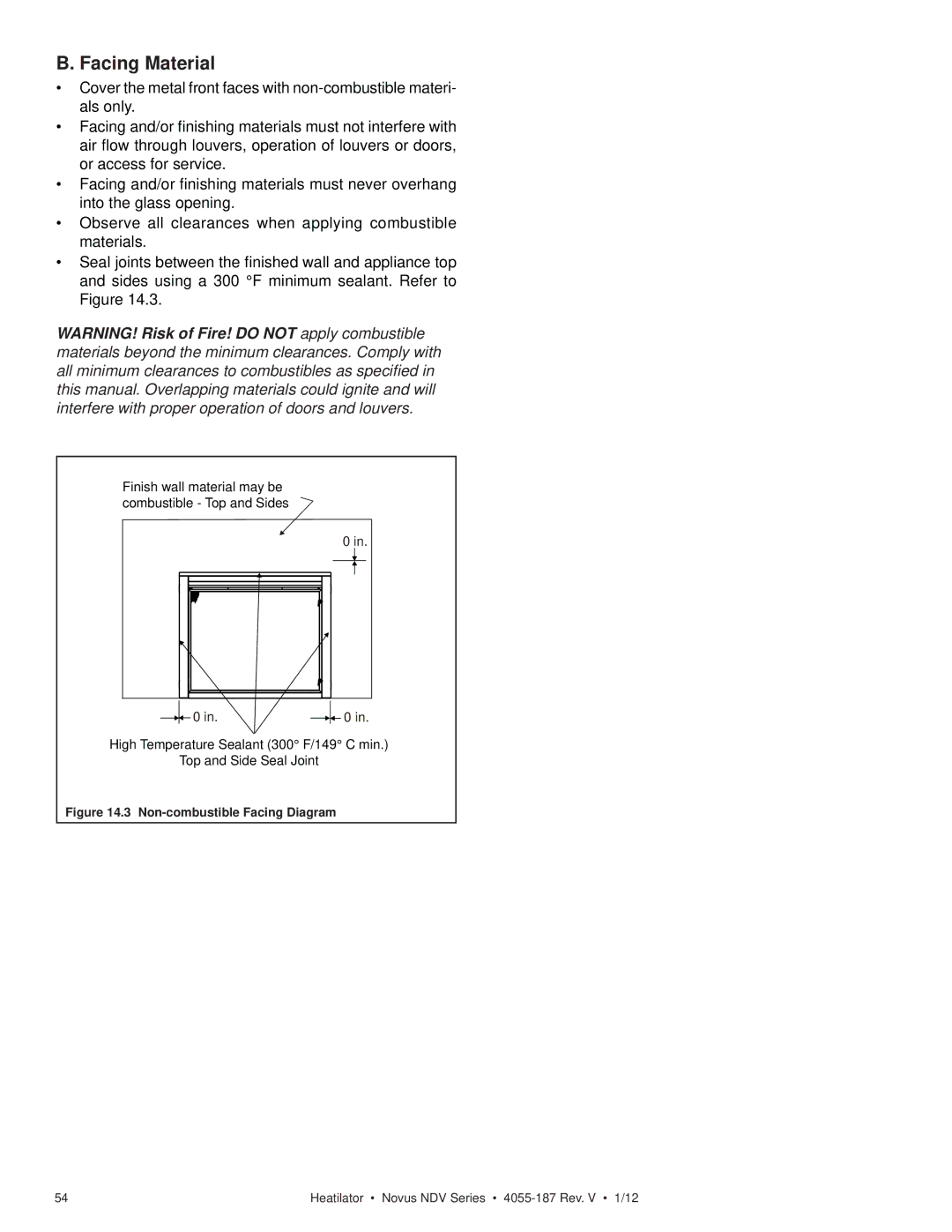 Hearth and Home Technologies 4055-187 owner manual Facing Material, Non-combustible Facing Diagram 