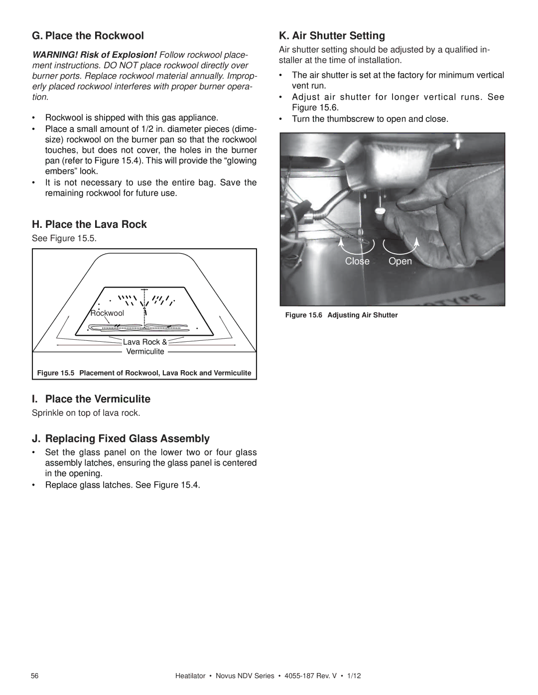 Hearth and Home Technologies 4055-187 Place the Rockwool, Place the Lava Rock, Place the Vermiculite, Air Shutter Setting 