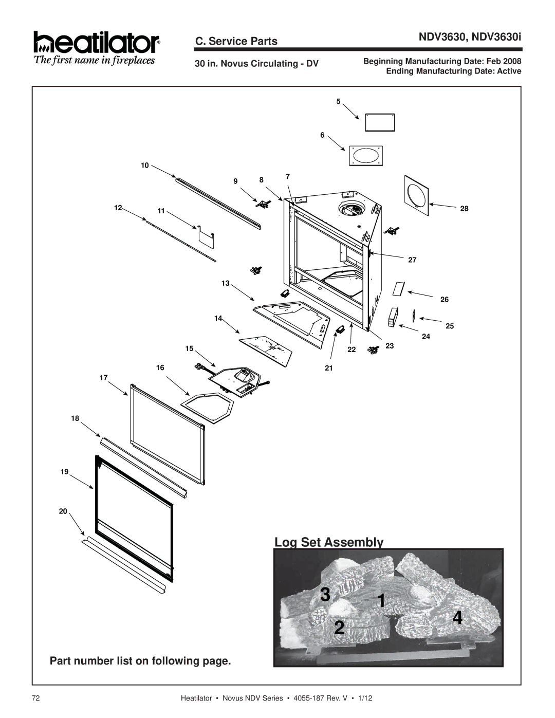 Hearth and Home Technologies 4055-187 Log Set Assembly, Service Parts NDV3630, NDV3630i, Part number list on following 