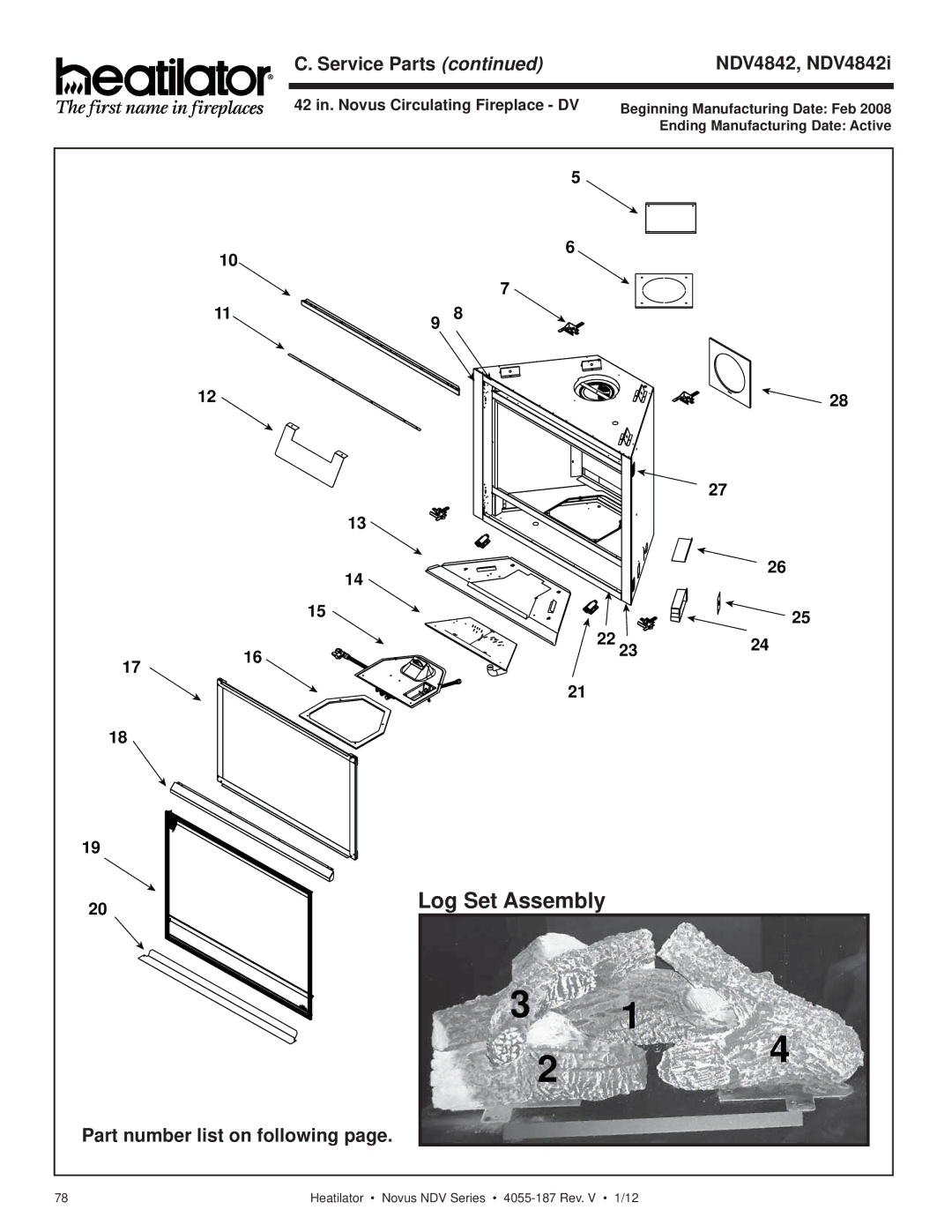 Hearth and Home Technologies 4055-187 owner manual Service Parts NDV4842, NDV4842i 