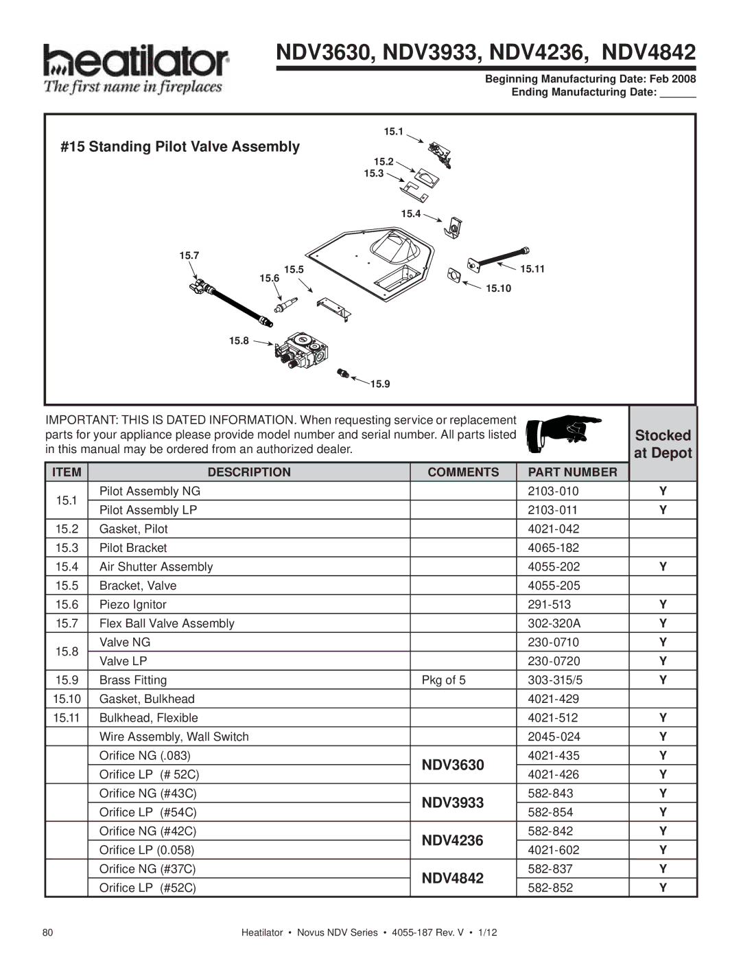 Hearth and Home Technologies 4055-187 owner manual #15 Standing Pilot Valve Assembly, NDV3630, NDV3933, NDV4236, NDV4842 