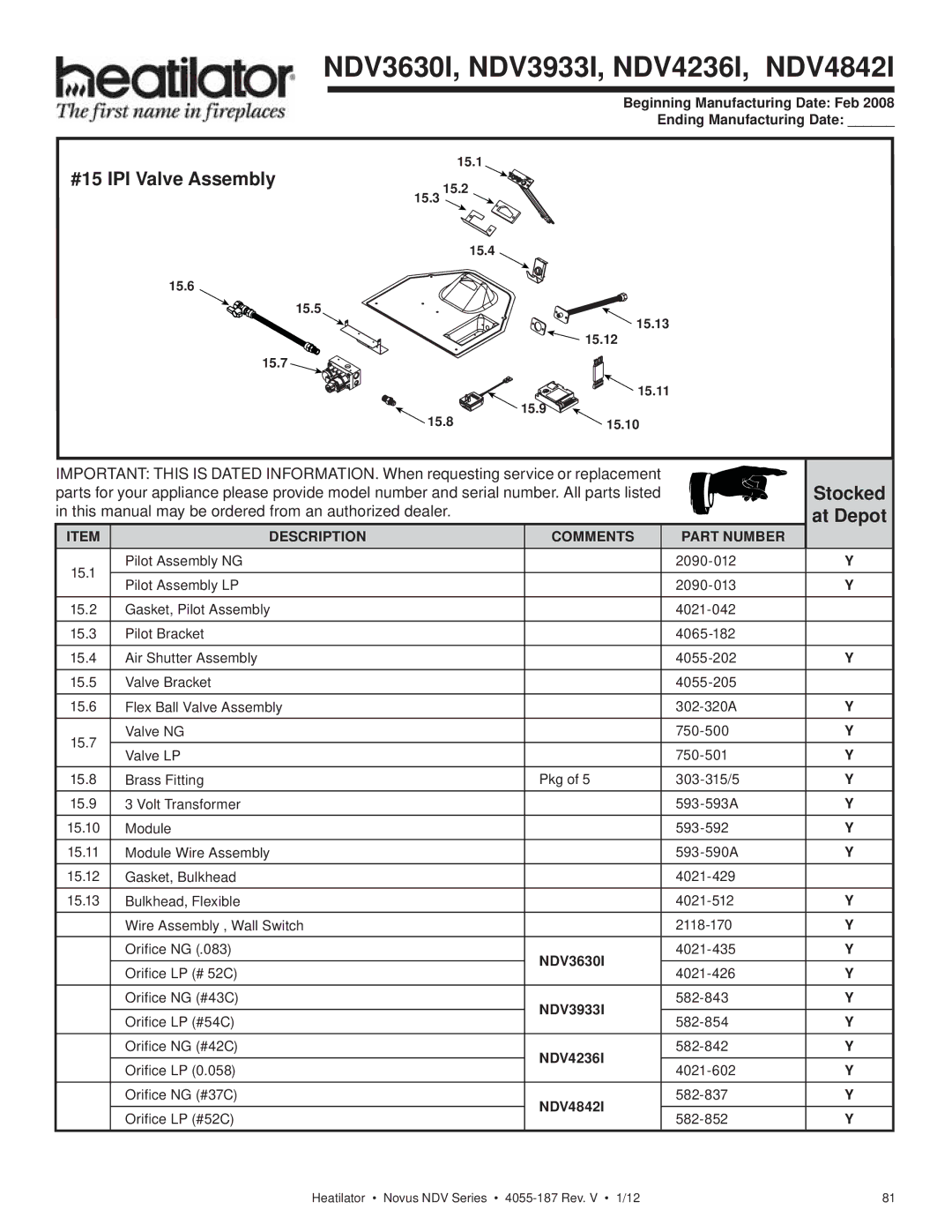 Hearth and Home Technologies 4055-187 owner manual NDV3630I, NDV3933I, NDV4236I, NDV4842I, #15 IPI Valve Assembly 