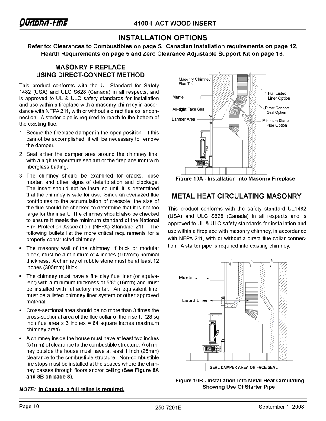 Hearth and Home Technologies 4100I-NL-B, 4100I-GD-B warranty Installation Options, Installation Into Masonry Fireplace 