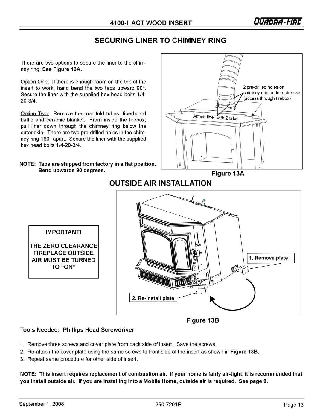 Hearth and Home Technologies 4100I-GD-B warranty Securing Liner to Chimney Ring, Outside AIR Installation, Re-install plate 