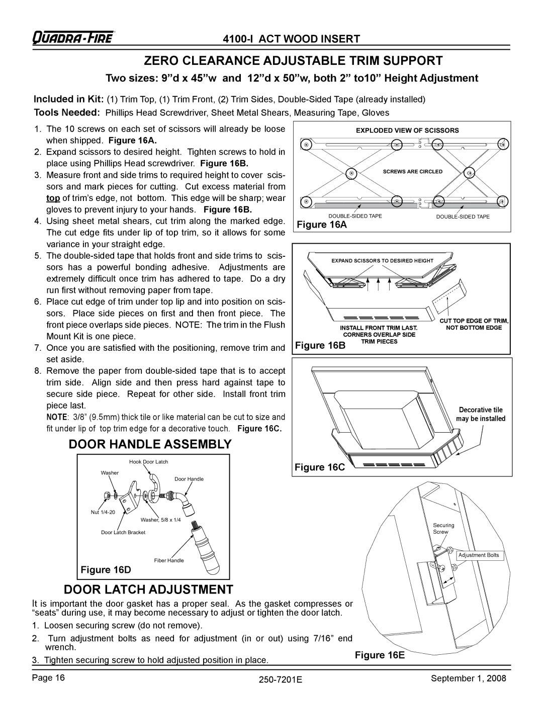 Hearth and Home Technologies 4100I-NL-B, 4100I-GD-B warranty Zero Clearance Adjustable Trim Support, Door Handle Assembly 