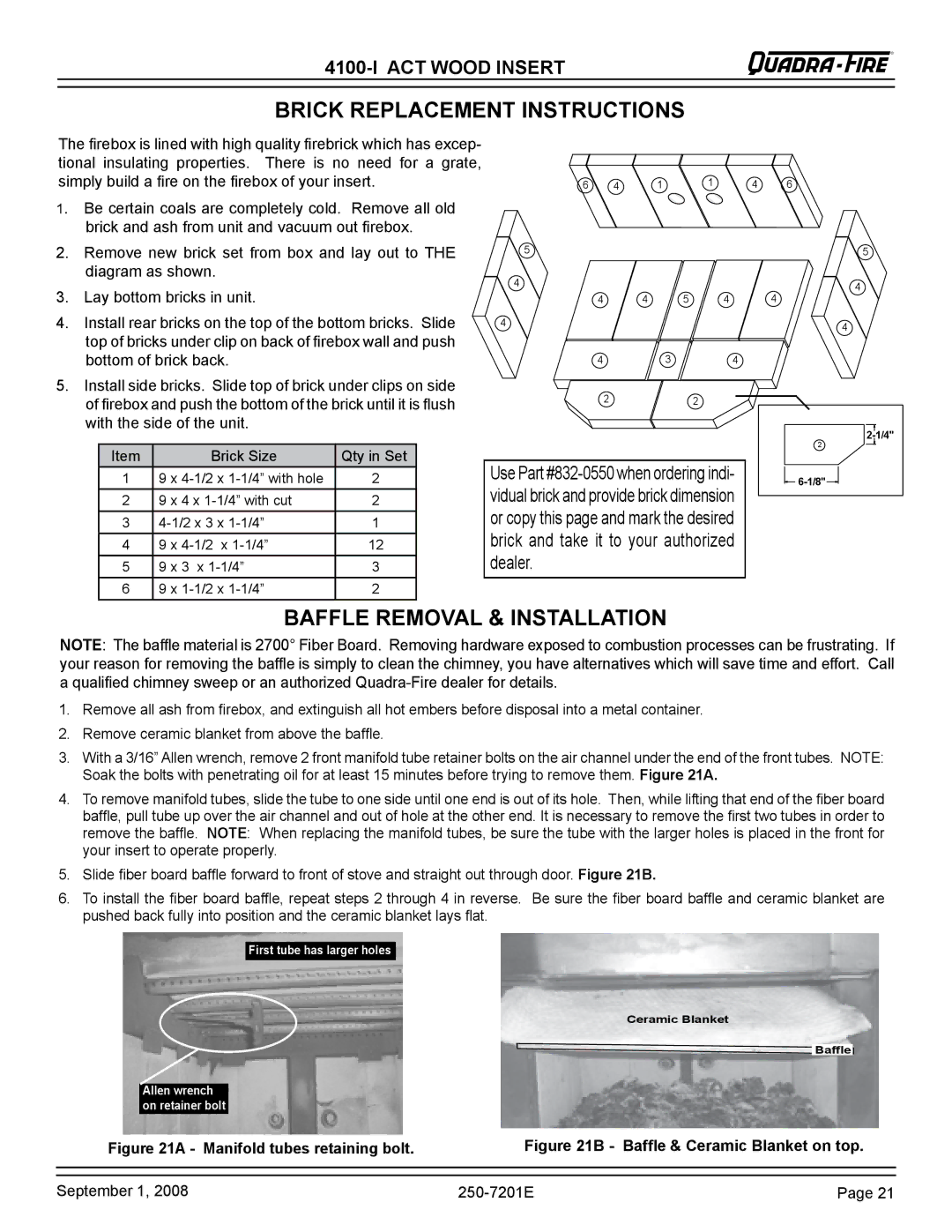 Hearth and Home Technologies 4100I-GD-B, 4100I-NL-B warranty Brick replacement instructions, Baffle Removal & Installation 