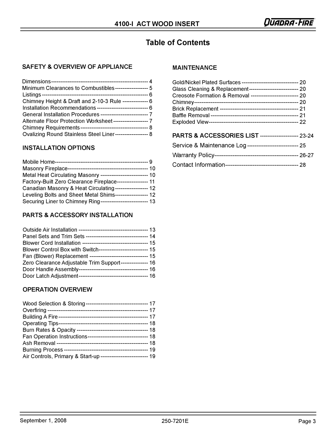 Hearth and Home Technologies 4100I-GD-B, 4100I-NL-B warranty Table of Contents 