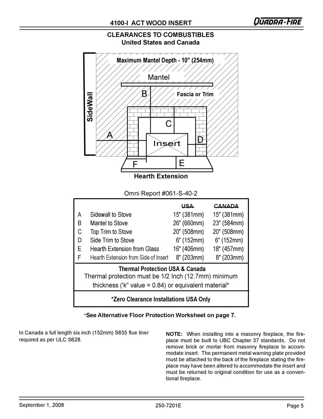 Hearth and Home Technologies 4100I-GD-B, 4100I-NL-B warranty SideWall, See Alternative Floor Protection Worksheet on 