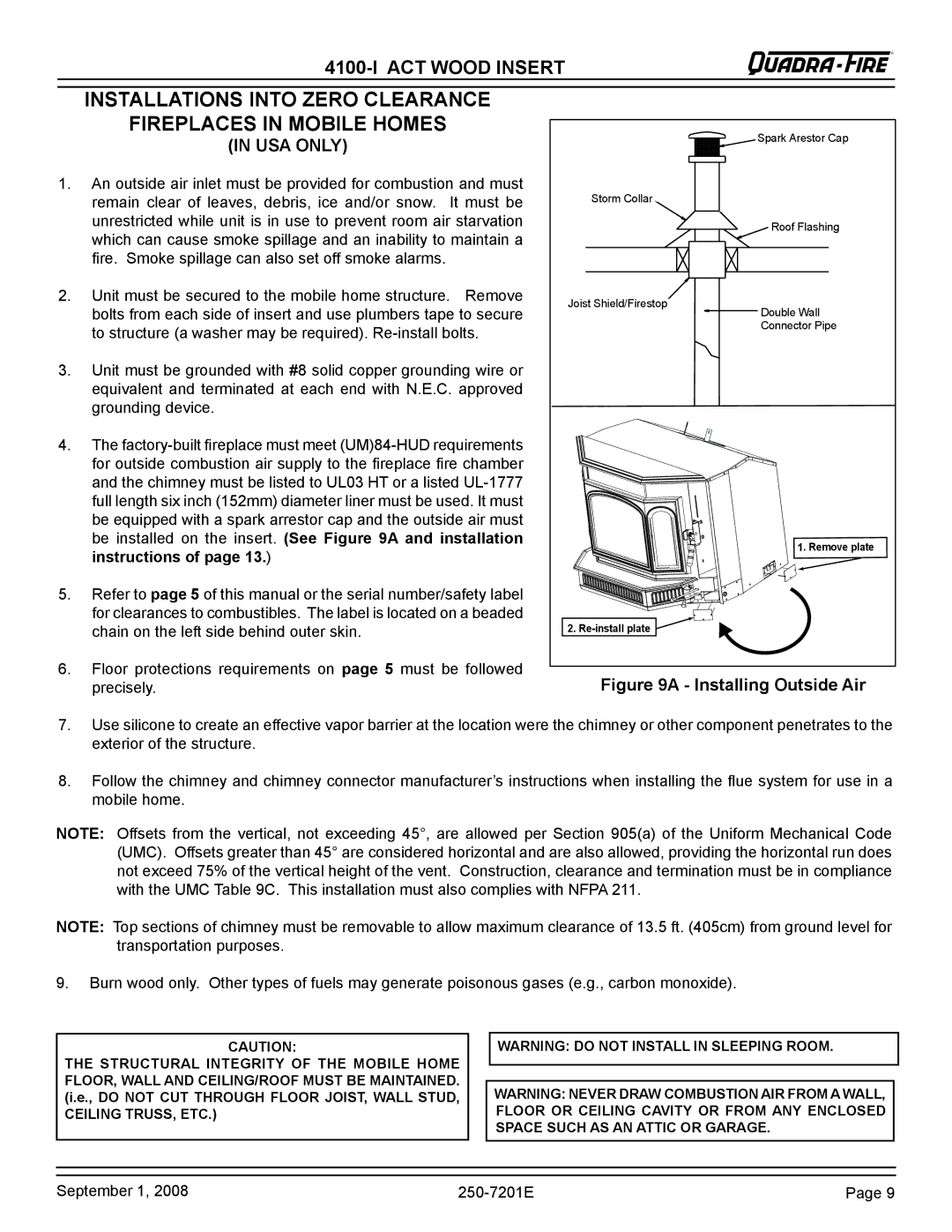 Hearth and Home Technologies 4100I-GD-B, 4100I-NL-B warranty USA only, Installing Outside Air 