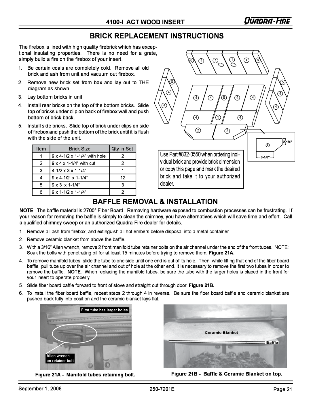 Hearth and Home Technologies 4100I-GD-B brick replacement instructions, Baffle Removal & Installation, I Act Wood Insert 