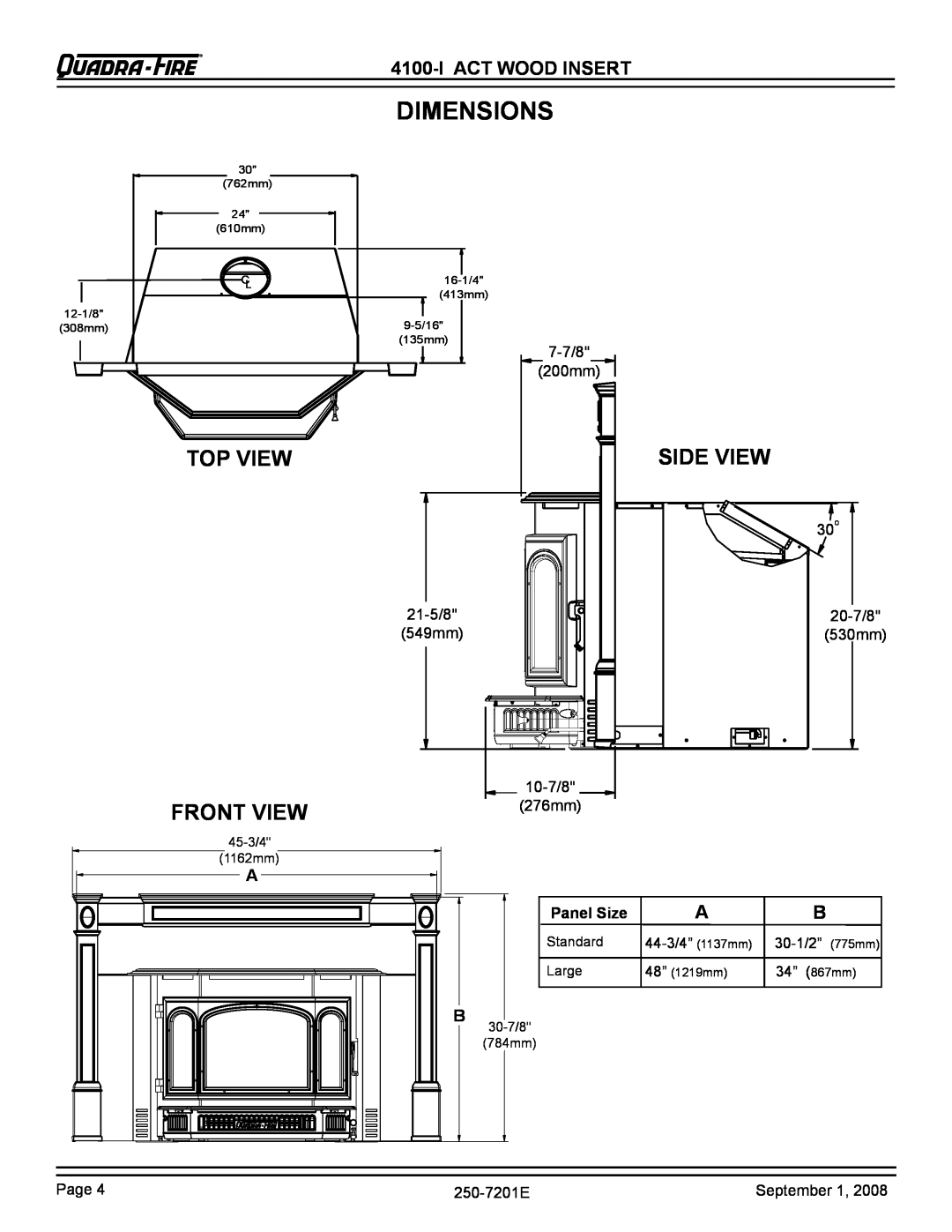 Hearth and Home Technologies 4100I-NL-B warranty Dimensions, Top View, Side View, Front View, I Act Wood Insert, Panel Size 