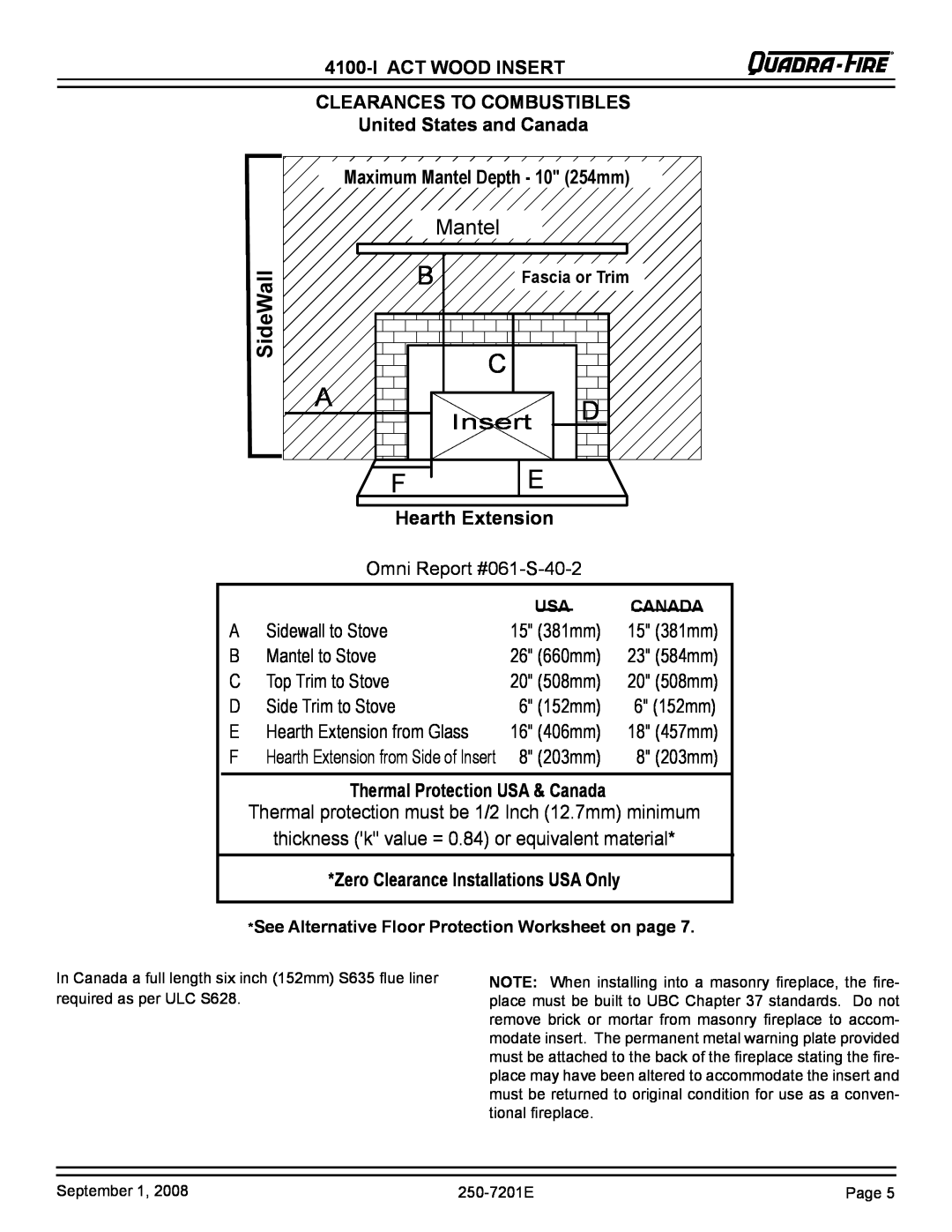 Hearth and Home Technologies 4100I-GD-B warranty SideWall, Insert, Maximum Mantel Depth - 10 254mm, Hearth Extension 