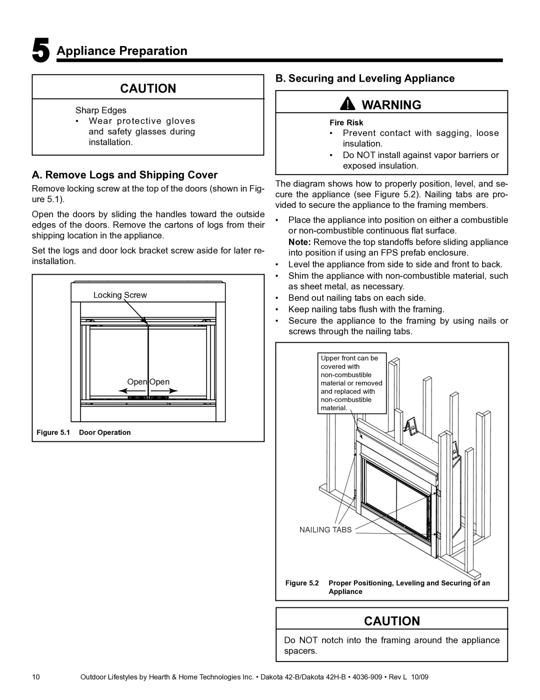 Hearth and Home Technologies 42H-B, 42-B owner manual Securing and Leveling Appliance, Remove Logs and Shipping Cover 