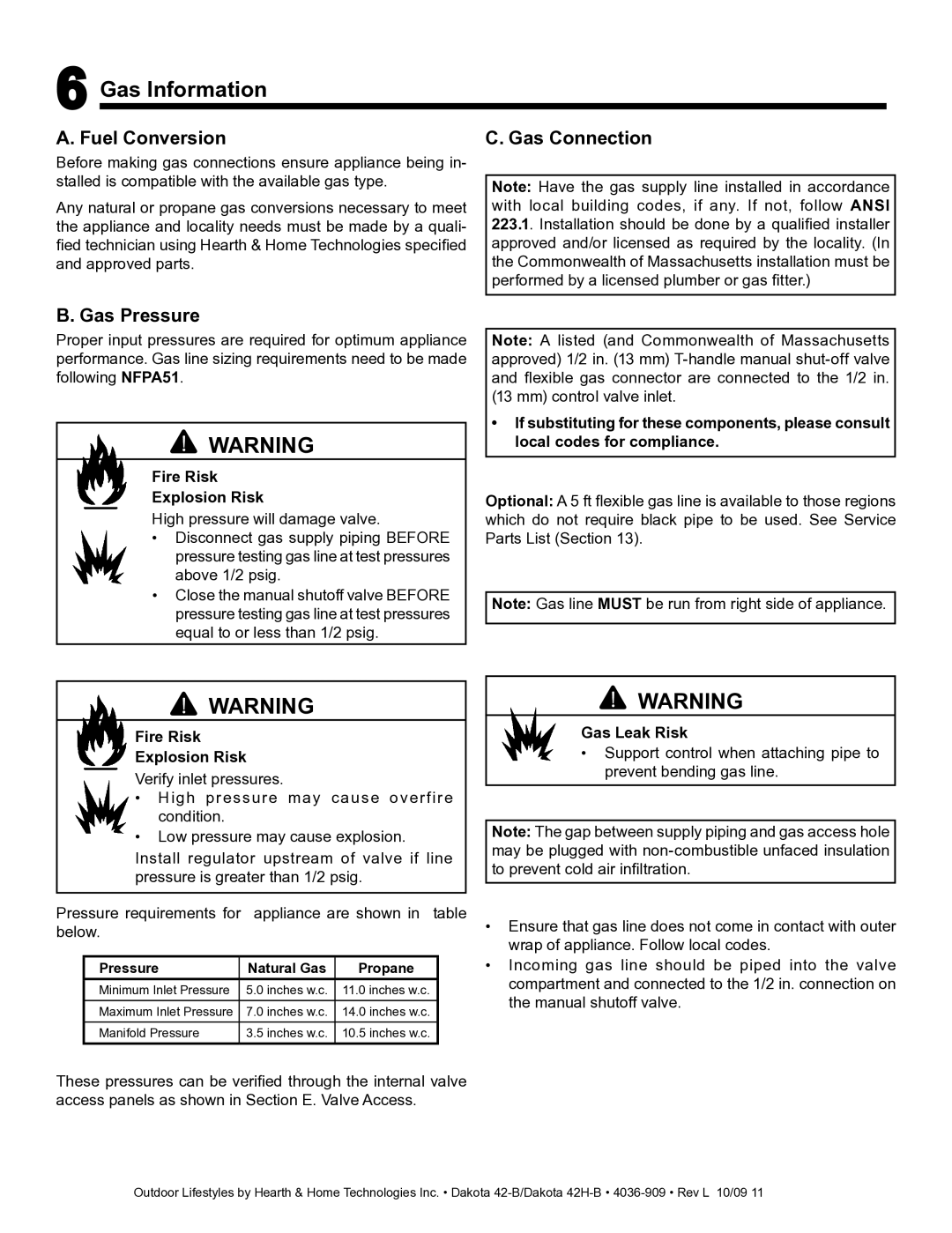 Hearth and Home Technologies 42-B Gas Information, Fuel Conversion Gas Connection, Gas Pressure, Fire Risk Explosion Risk 