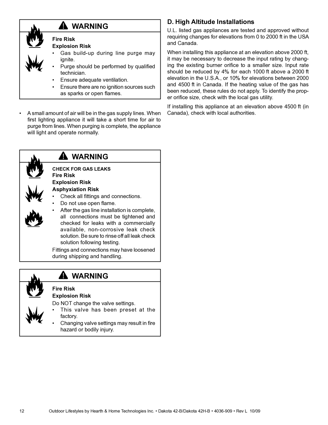 Hearth and Home Technologies 42H-B, 42-B High Altitude Installations, Fire Risk Explosion Risk Asphyxiation Risk 