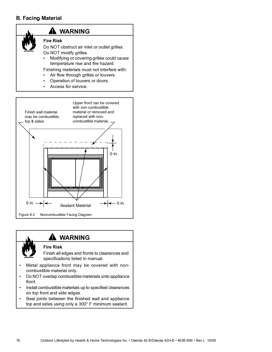 Hearth and Home Technologies 42H-B, 42-B owner manual Facing Material, Noncombustible Facing Diagram 