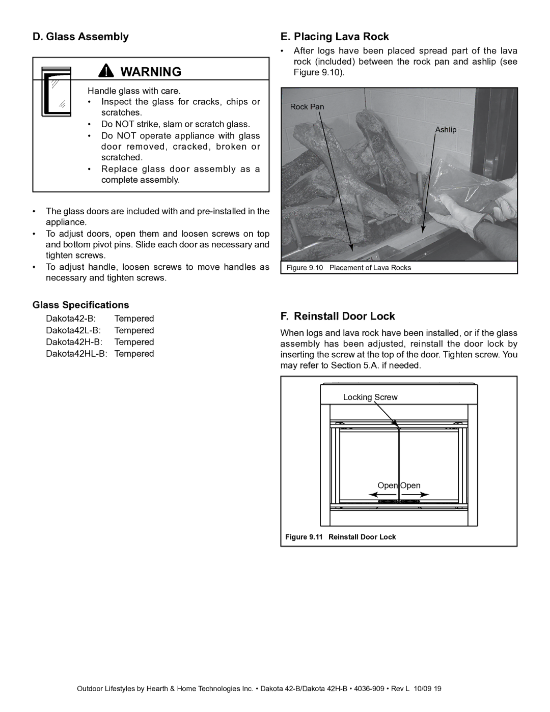 Hearth and Home Technologies 42-B, 42H-B owner manual Glass Assembly, Placing Lava Rock, Reinstall Door Lock 