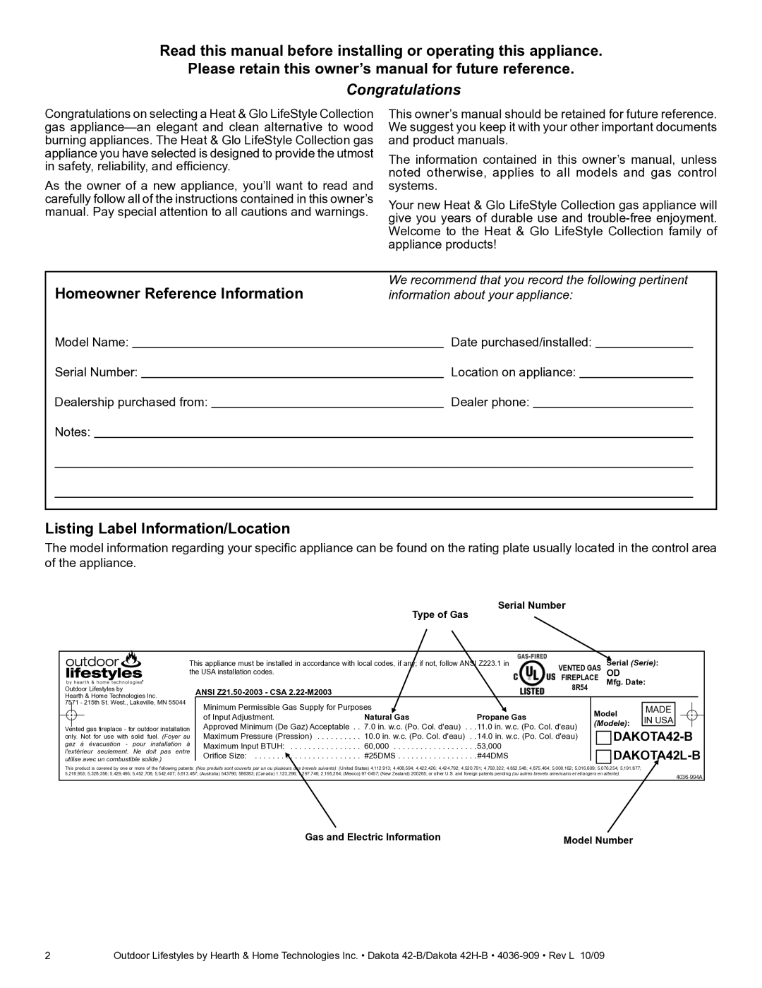 Hearth and Home Technologies 42H-B, 42-B owner manual Congratulations, Listing Label Information/Location 