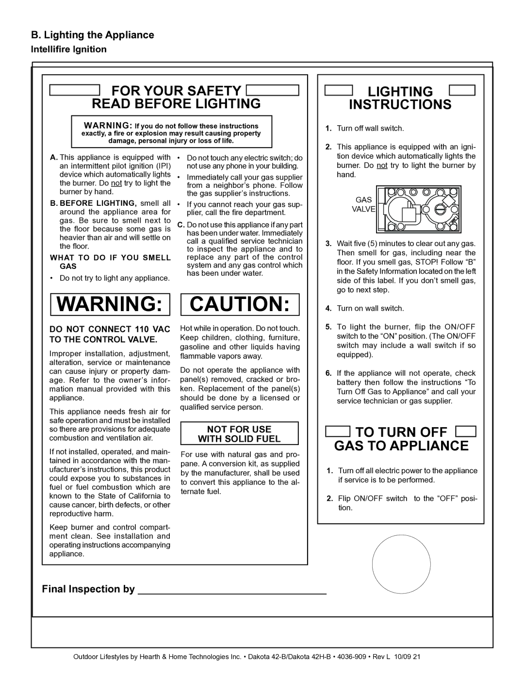 Hearth and Home Technologies 42-B, 42H-B owner manual Lighting the Appliance, Do not connect 110 VAC to the control valve 