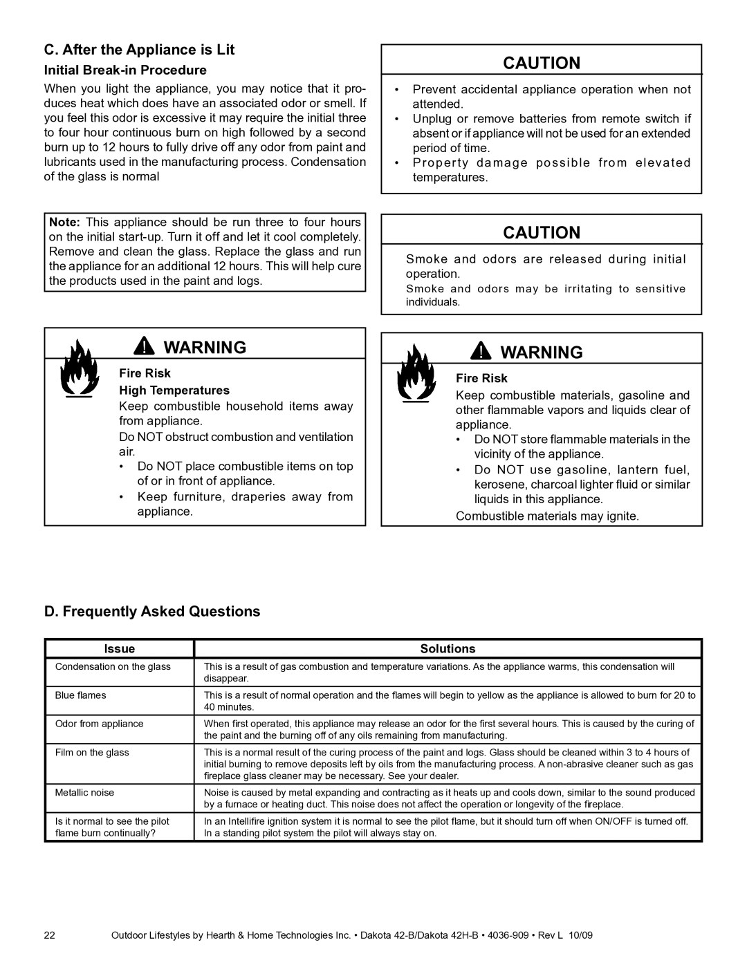 Hearth and Home Technologies 42H-B After the Appliance is Lit, Frequently Asked Questions, Fire Risk High Temperatures 