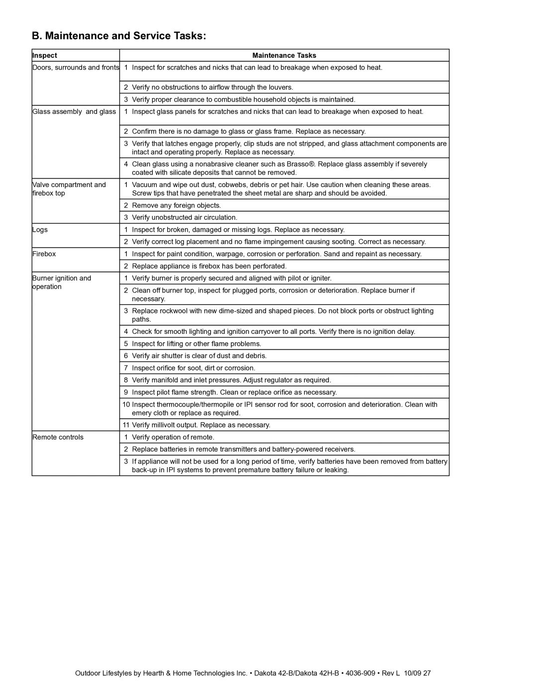 Hearth and Home Technologies 42-B, 42H-B owner manual Maintenance and Service Tasks, Inspect Maintenance Tasks 