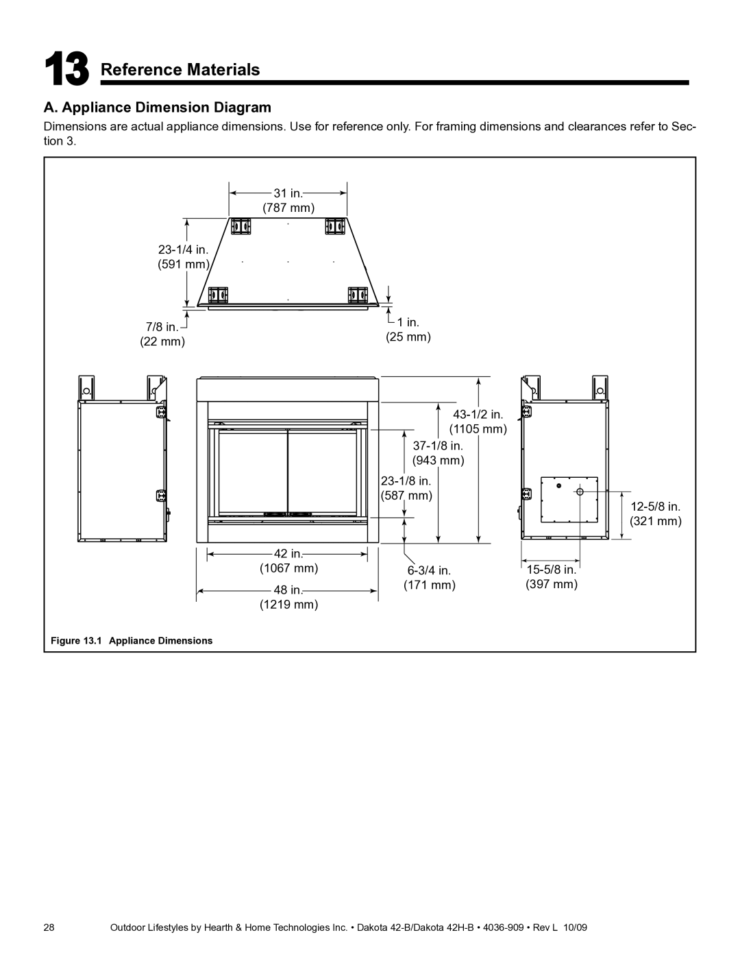 Hearth and Home Technologies 42H-B, 42-B owner manual Reference Materials, Appliance Dimension Diagram 