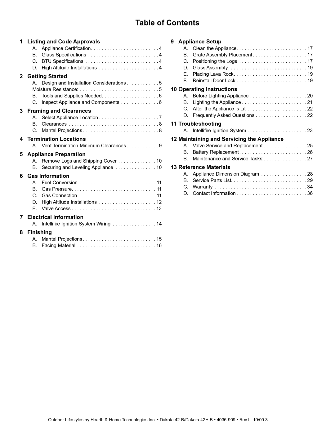 Hearth and Home Technologies 42-B, 42H-B owner manual Table of Contents 