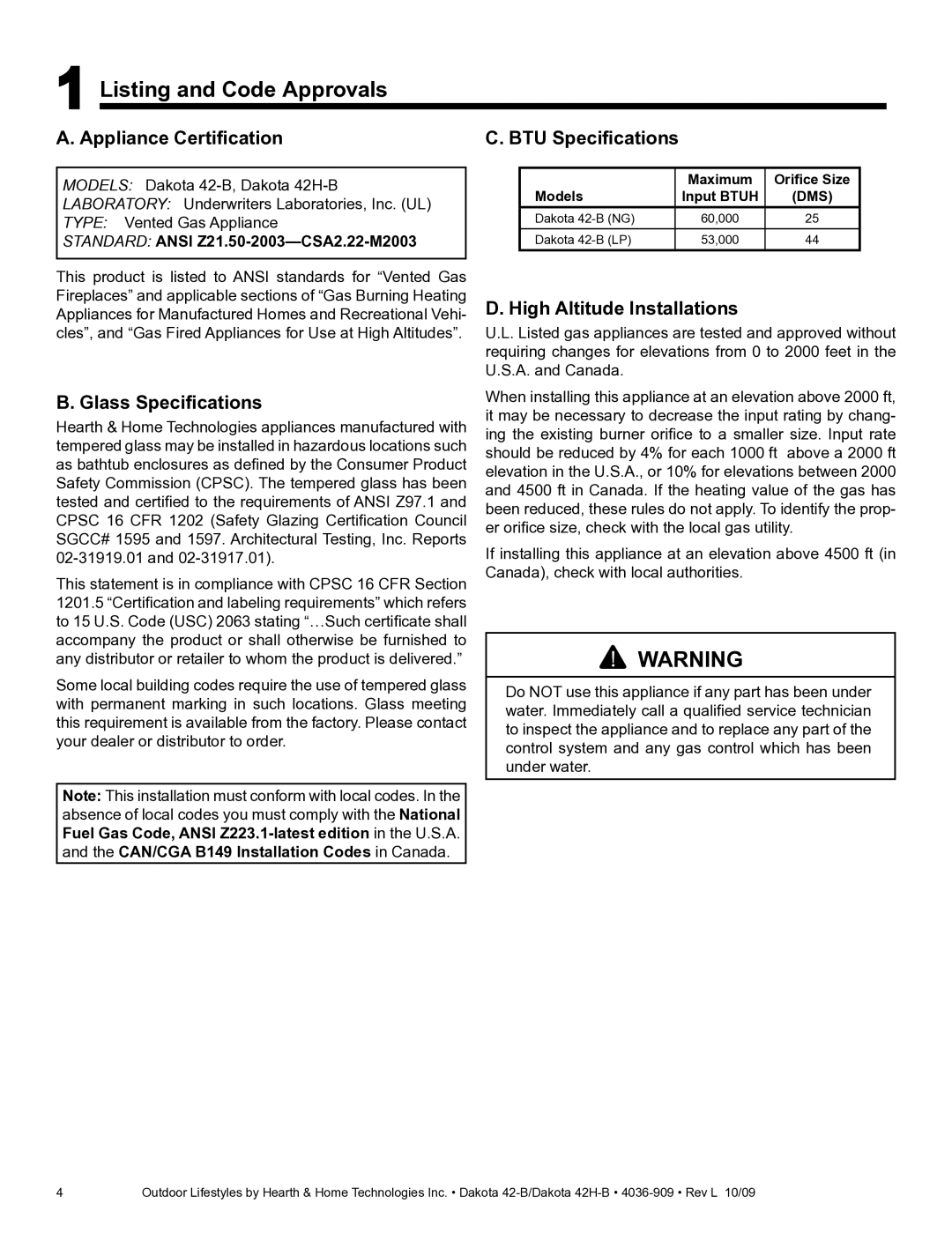 Hearth and Home Technologies 42H-B, 42-B owner manual Listing and Code Approvals, Appliance Certification BTU Specifications 