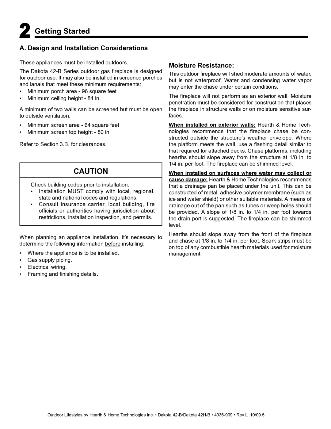 Hearth and Home Technologies 42-B, 42H-B Getting Started, Design and Installation Considerations, Moisture Resistance 