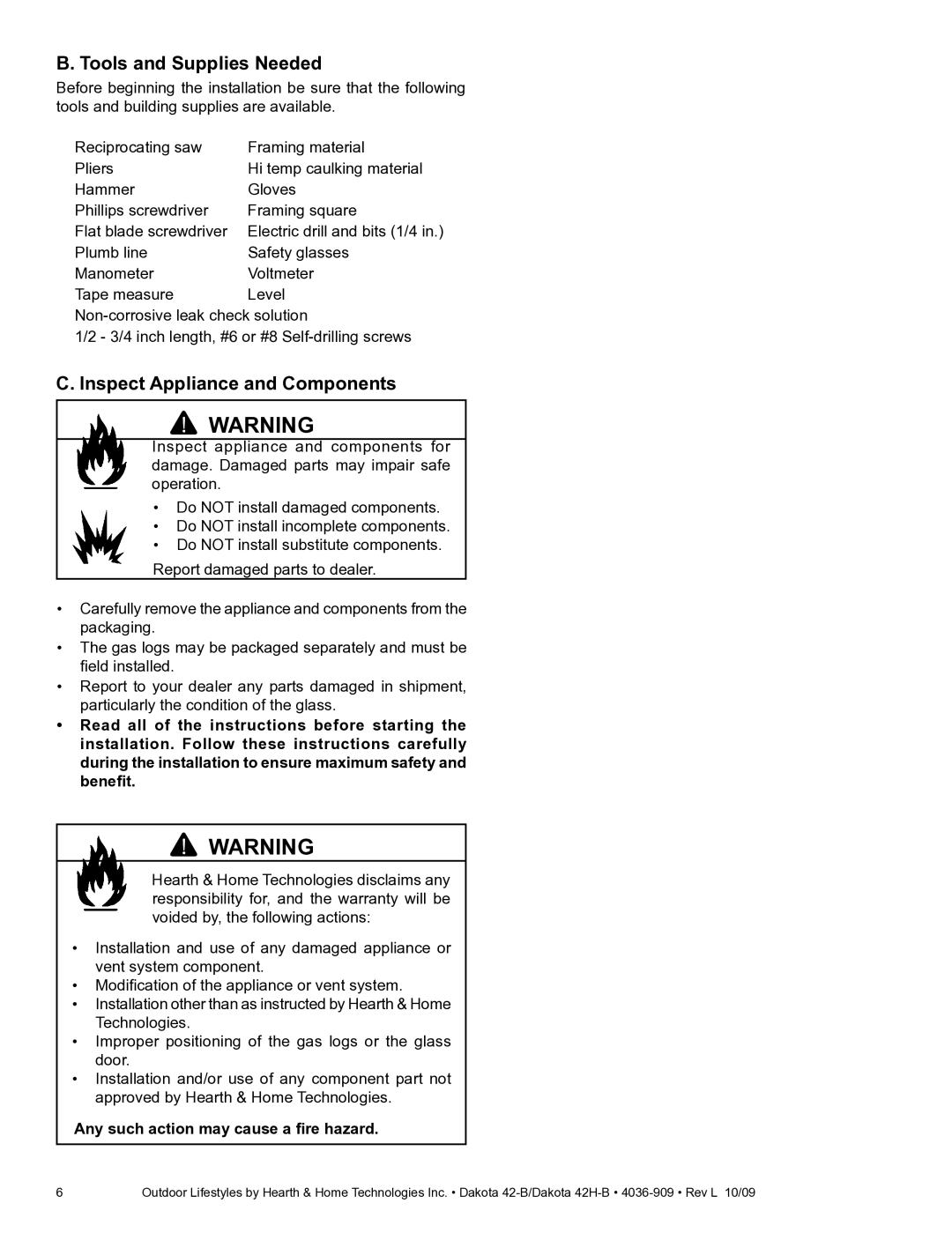 Hearth and Home Technologies 42H-B, 42-B owner manual Tools and Supplies Needed, Inspect Appliance and Components 