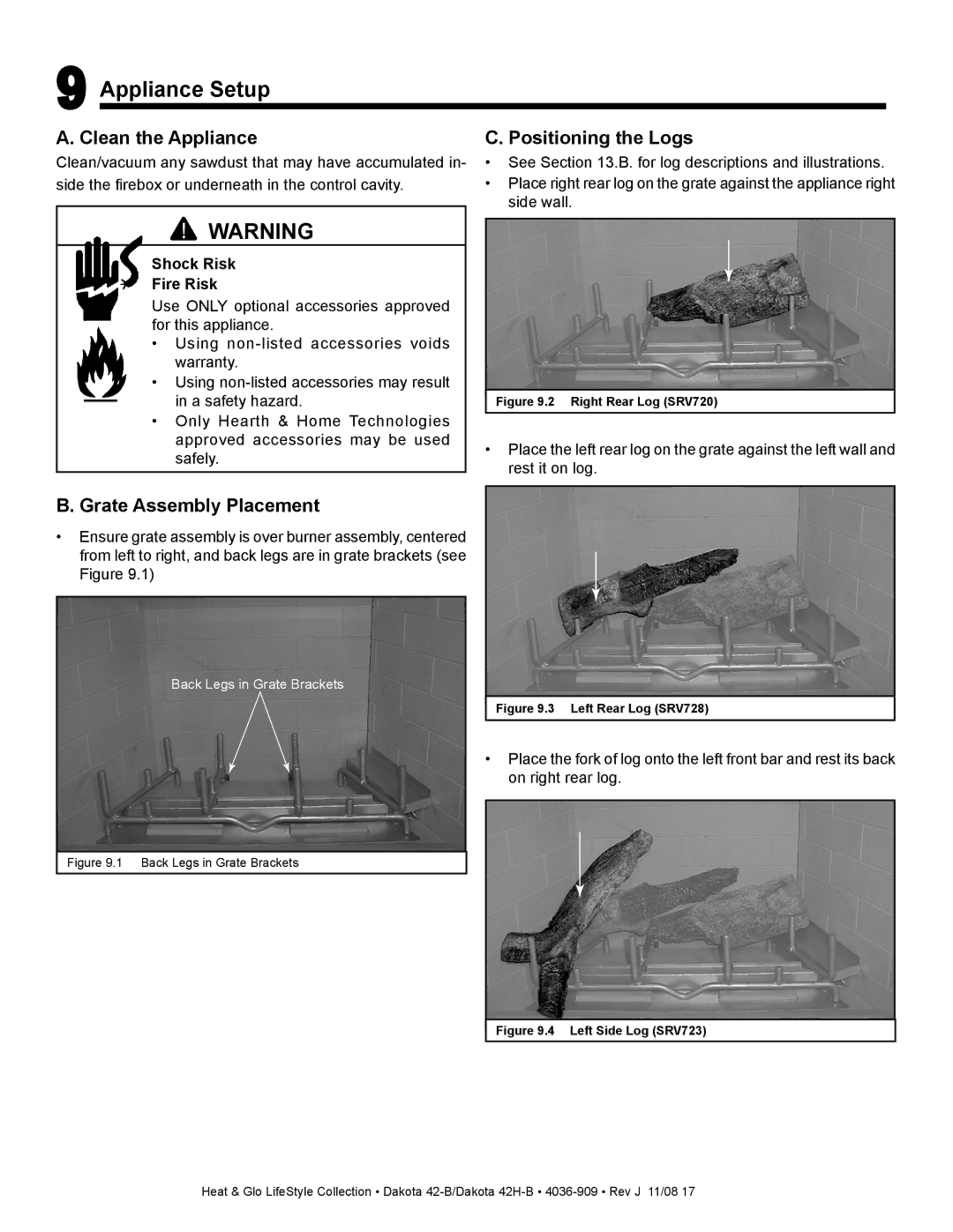 Hearth and Home Technologies 42-B Appliance Setup, Clean the Appliance, Positioning the Logs, Grate Assembly Placement 