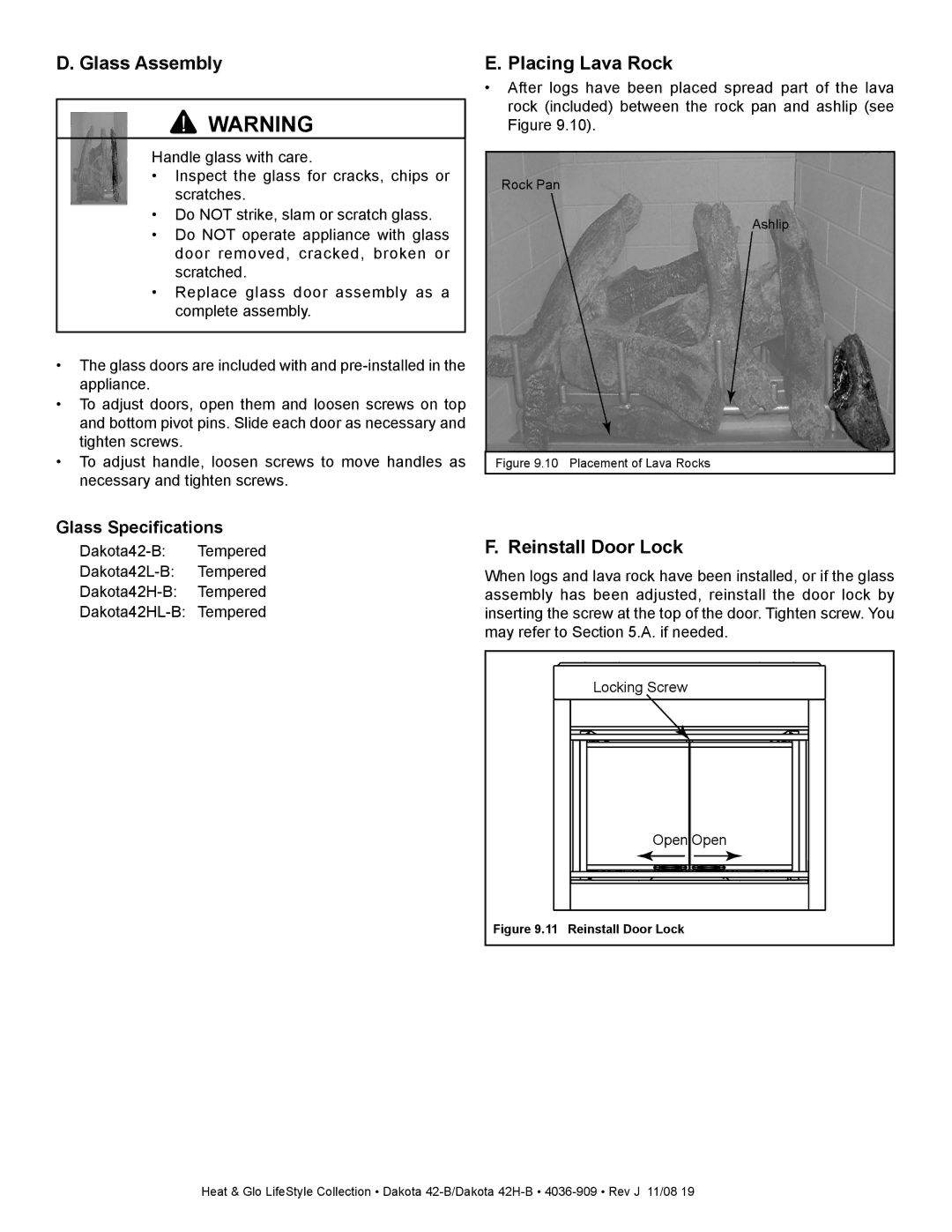 Hearth and Home Technologies 42-B, 42H-B owner manual Glass Assembly, Placing Lava Rock, Reinstall Door Lock 