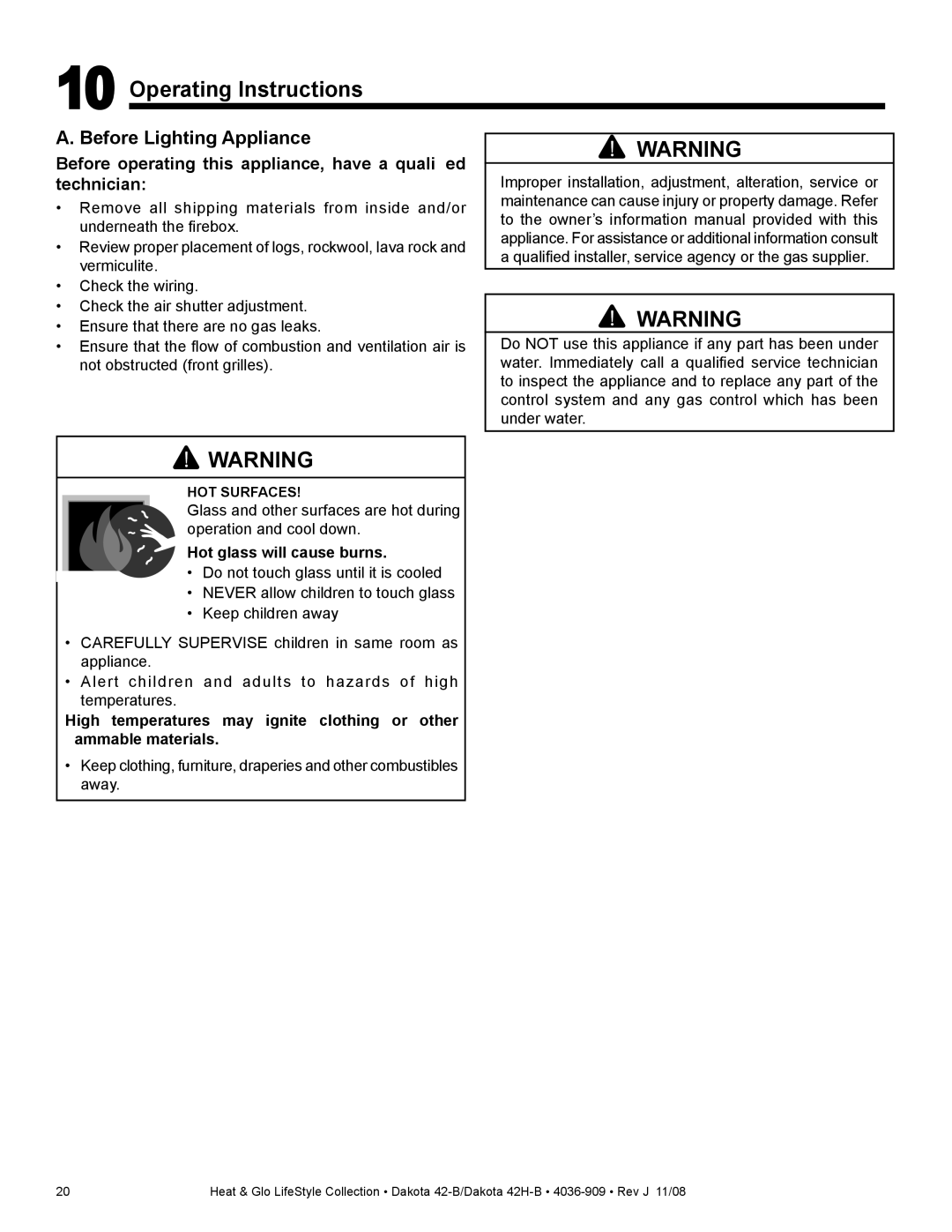 Hearth and Home Technologies 42H-B, 42-B owner manual Operating Instructions, Before Lighting Appliance 