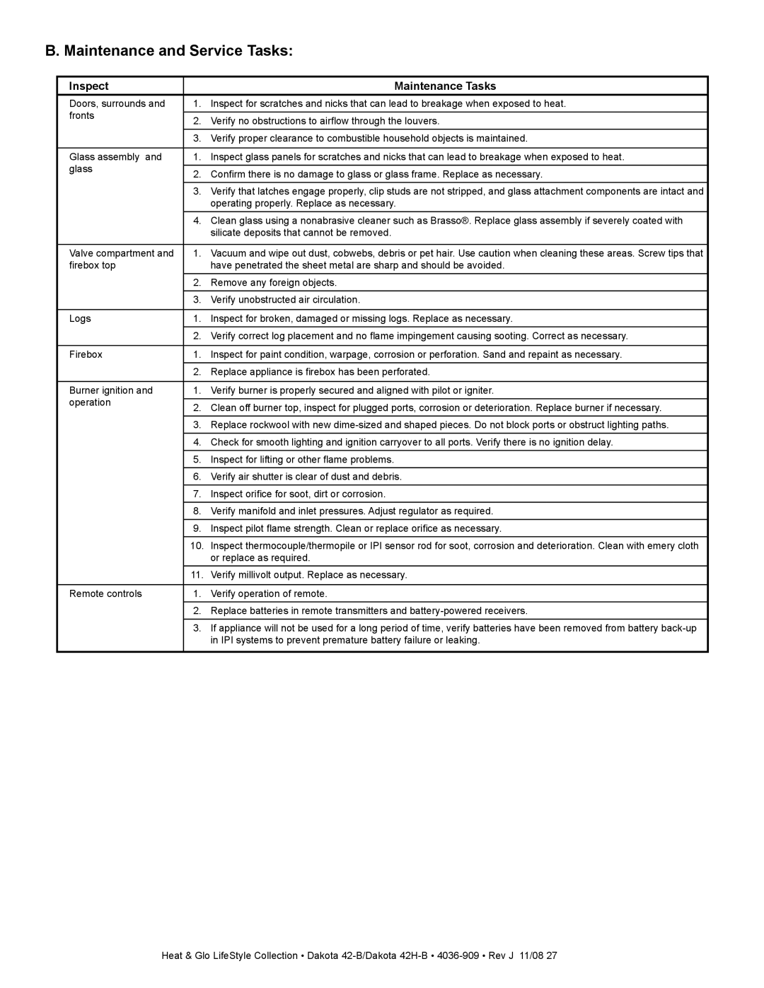 Hearth and Home Technologies 42-B, 42H-B owner manual Maintenance and Service Tasks, Inspect Maintenance Tasks 