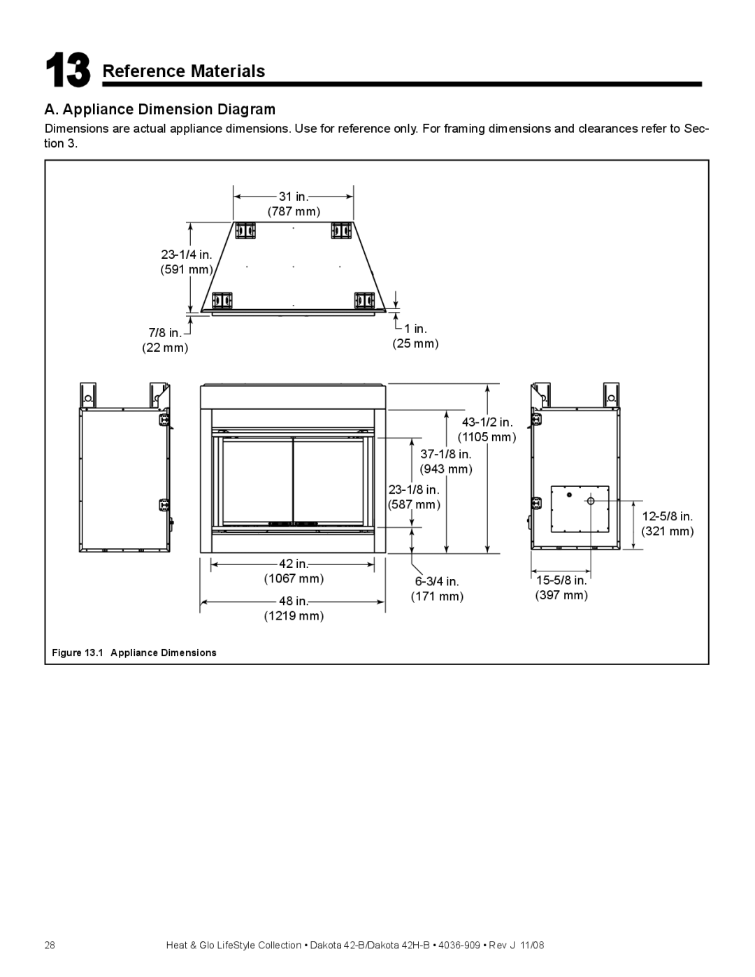 Hearth and Home Technologies 42H-B, 42-B owner manual Reference Materials, Appliance Dimension Diagram 