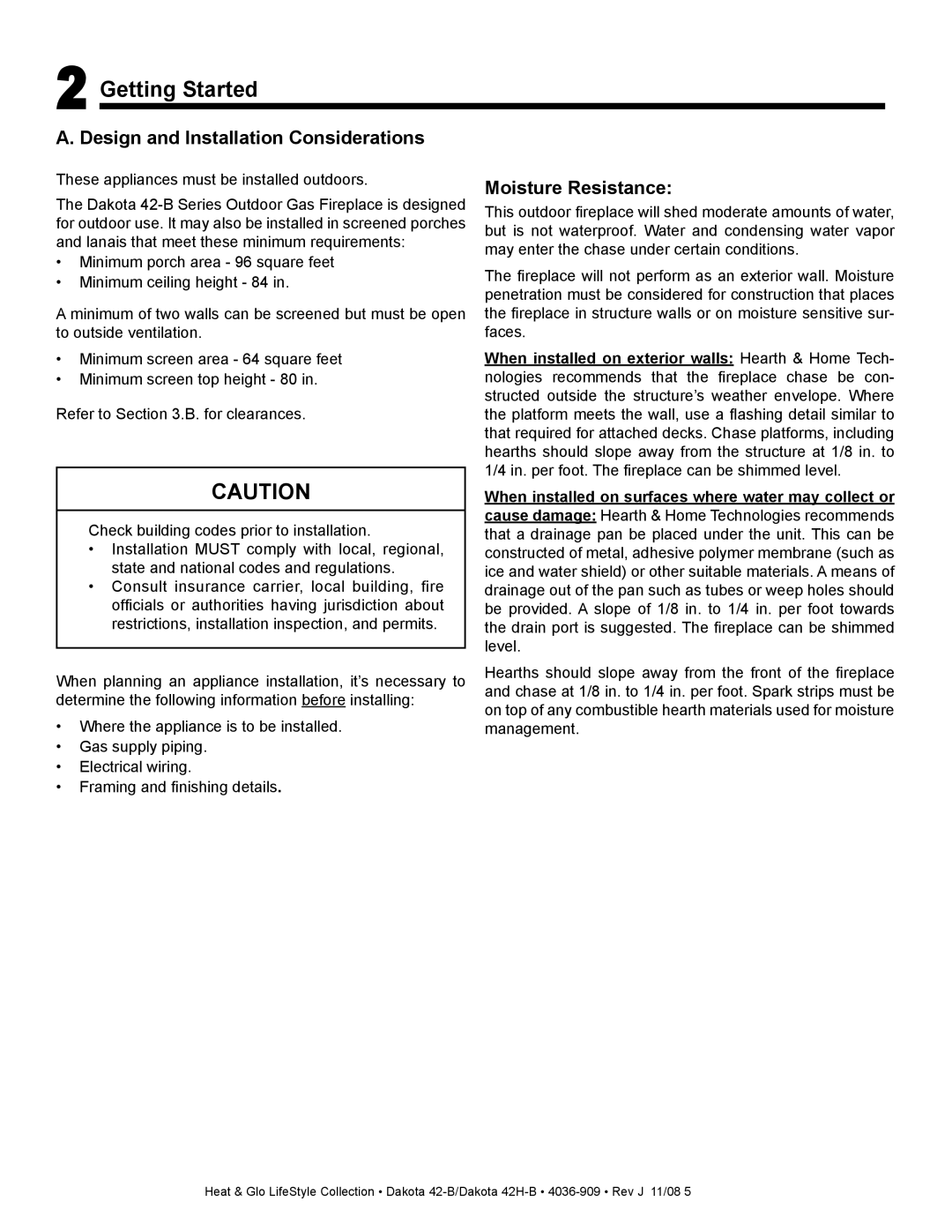 Hearth and Home Technologies 42-B, 42H-B Getting Started, Design and Installation Considerations, Moisture Resistance 