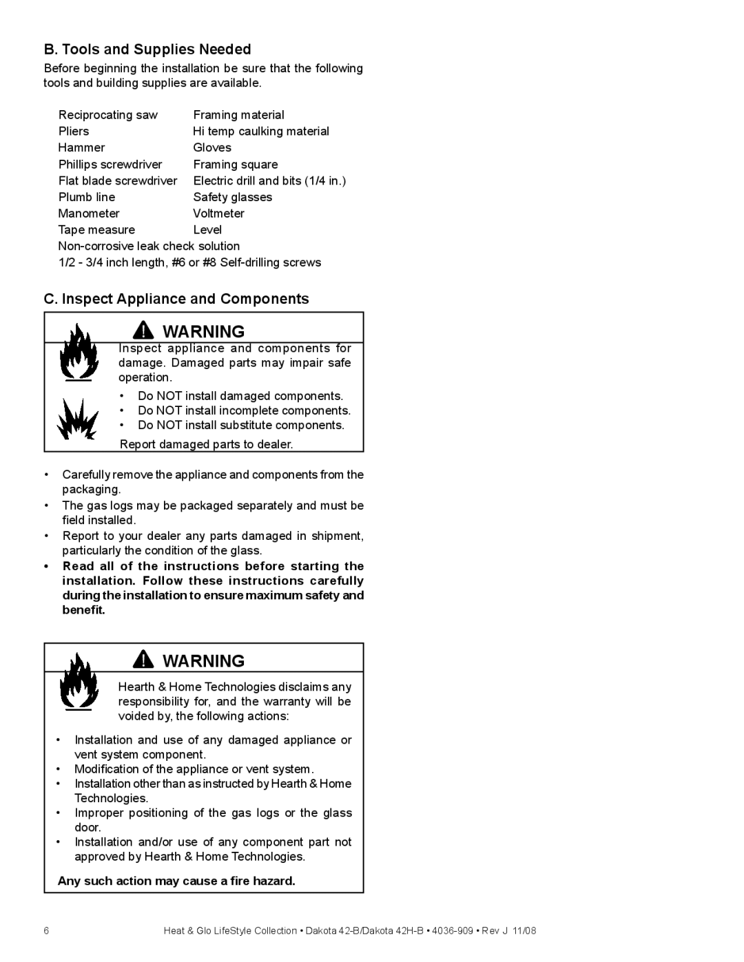 Hearth and Home Technologies 42H-B, 42-B owner manual Tools and Supplies Needed, Inspect Appliance and Components 